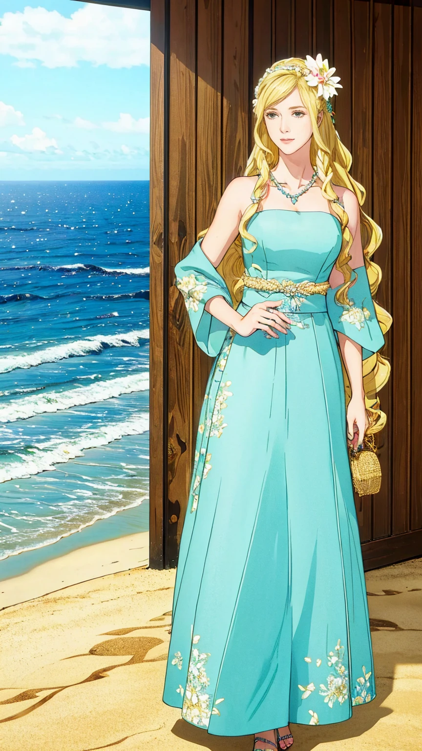 (masterpiece, best quality, high resolution, ultra detailed), (beautiful and aesthetic: 1.2), 1 female, adult female, blonde long hair, blue eyes, gentle face, (slight smile: 0.8), detailed eyes and face, perfect body, full-length figure, beautiful makeup, beautiful hula skirt, Hawaiian skirt, Hawaiian style, Hawaiian shirt, sandals, flowers woven into hair, flower beads on the neck, beach, Hawaii, golden hour, sea , sand, holiday on the beach