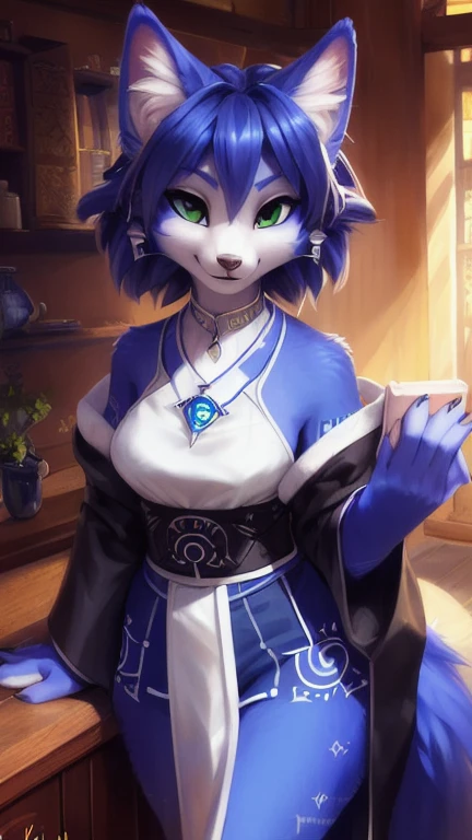 A beautiful and detailed (cute full body portrait) von ((Krystal)), Sternenfuchs Krystal, Schlank, liebenswert, green eyes, medium breasts, (((Lange blaue Haare 1.3))), ((schwarze haarspitzen)), Dekollete, Grinsen, hoch schauen,, anthro, Pelzig, Hochgeladen E621, detailed flauschige fur, (von Fluff-Kevlar, Bayard Wu, personalami, Pino Daeni), detailliertes Gesicht, (flauschige), 1 girl, Allein, wears a kimono, befindet sich in einem japanischen dorf