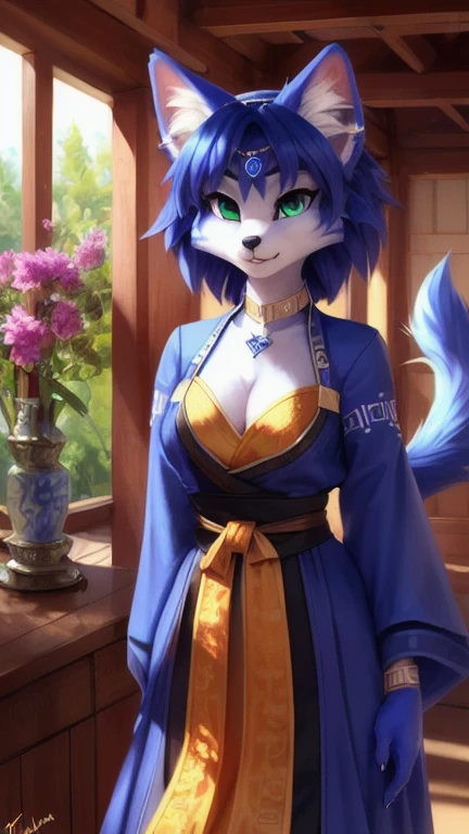 A beautiful and detailed (cute full body portrait) von ((Krystal)), Sternenfuchs Krystal, Schlank, liebenswert, green eyes, medium breasts, (((Lange blaue Haare 1.3))), ((schwarze haarspitzen)), Dekollete, Grinsen, hoch schauen,, anthro, Pelzig, Hochgeladen E621, detailed flauschige fur, (von Fluff-Kevlar, Bayard Wu, personalami, Pino Daeni), detailliertes Gesicht, (flauschige), 1 girl, Allein, wears a kimono, befindet sich in einem japanischen dorf