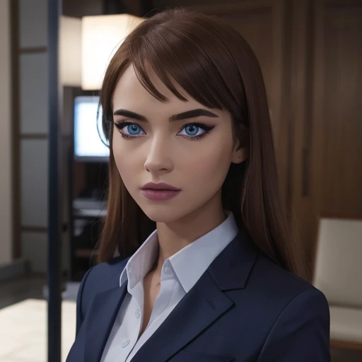 (masterpiece, high quality) woman, formal business suit, shirt, pants, solo , looking at viewer, perfect face, suits Navy blue, crystal blue eyes, eyelashes, makeup