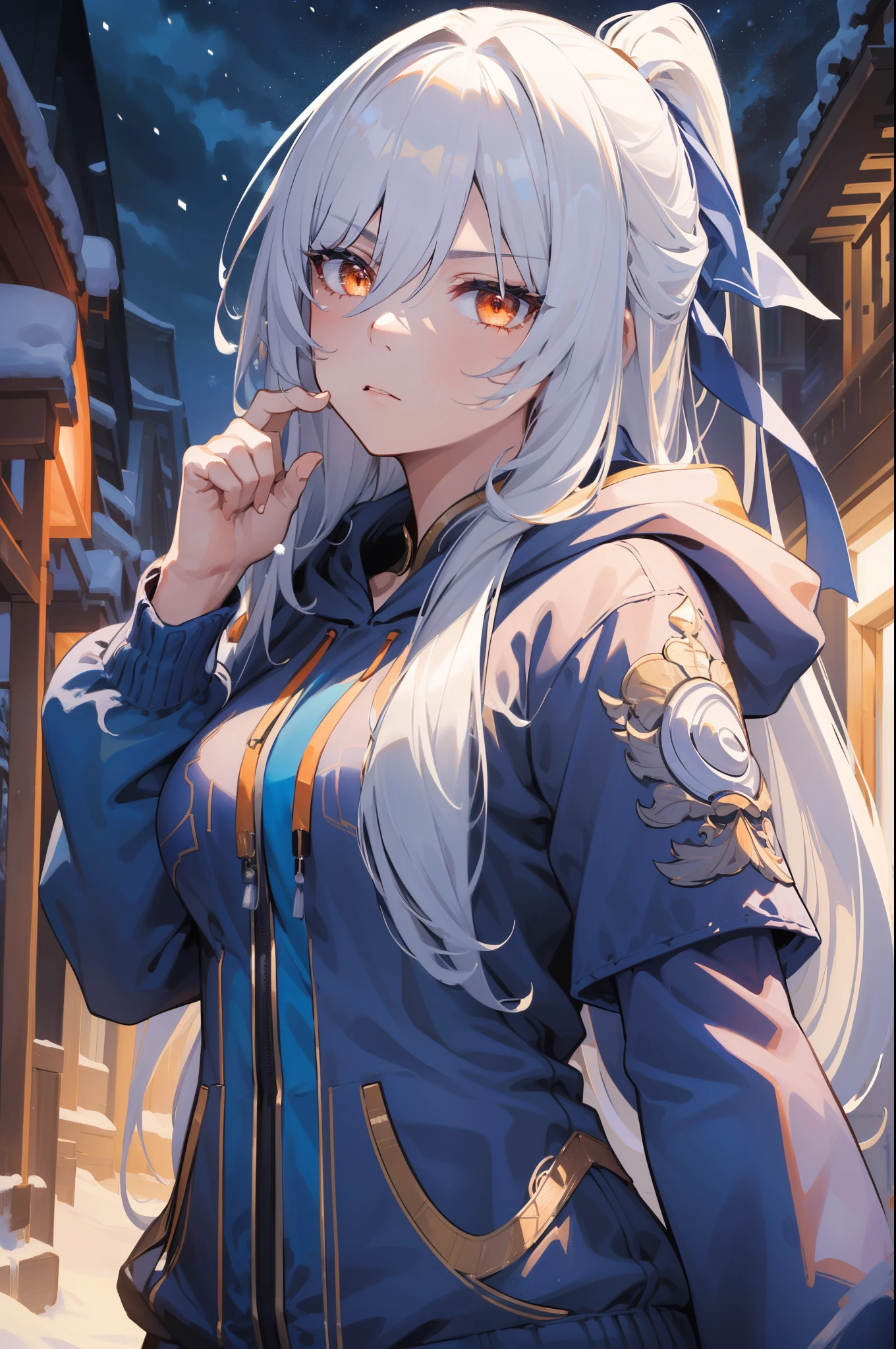 (best quality:1.3), (masterpiece:1.3), (illustration:1.3), (ultra-detailed:1.3), (mid shot:0.9), 1girl, Long hair, white hair, ((blue hoodie)), medium breasts, night sky, stars, dark, JingliuV5, tall, ((mature, serious expression, serious,)) snow, snowy, casual outfit, Chinese, jacket, upper body, orange eyes, looking at viewer,