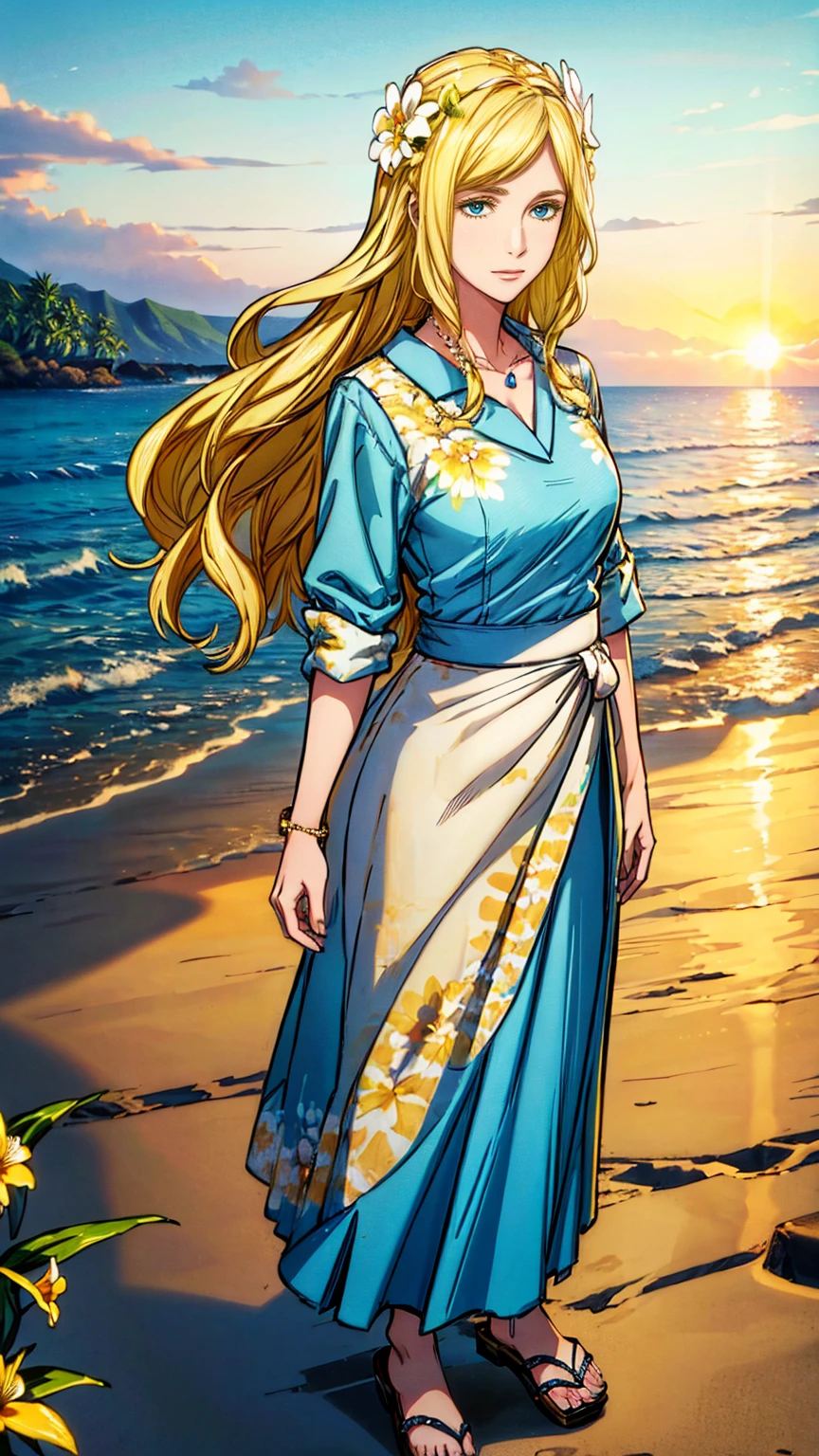 (masterpiece, best quality, high resolution, ultra detailed), (beautiful and aesthetic: 1.2), 1 female, adult female, blonde long hair, blue eyes, gentle face, (slight smile: 0.8), detailed eyes and face, perfect body, full-length figure, beautiful makeup, beautiful hula skirt, Hawaiian skirt, Hawaiian style, Hawaiian shirt, sandals, flowers woven into hair, flower beads on the neck, beach, Hawaii, golden hour, sea , sand, holiday on the beach