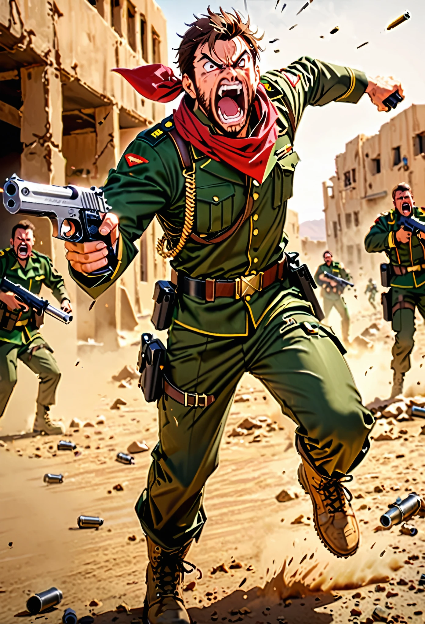 masterpiece, best quality, male focus, solo, solo focus, mercenary, brown hair, hazel eyes, facial hair, bullet belt, green uniform, combat boots, red bandana, (using pistol, desert eagle pistol) (angry, screaming, open mouth), war zone