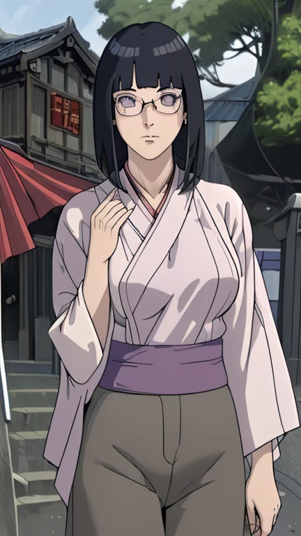 (masterpiece:1.3), (disorganized:1.3), (highest quality:1.3),(perfect anatomy)Hinata hyuga,detailed face,Steam punk, victorian era,Hong kong,Kowloon,horizontal angle,hands,(looking at viewer), (Super detailed:1.3),(best shadow:0.7), solo,1 middle age woman around 40 years old,saggy breast,(treated hair), black hair,fine eyes, beautiful eyes, 1 middle age woman, ((saggy breast)),shrine maiden,alone, standing, crystal earrings,closed_mouth, arm_behind_return, (hakama pants,under rim glasses), rest outdoors, intimidating pose,cowboy shot
