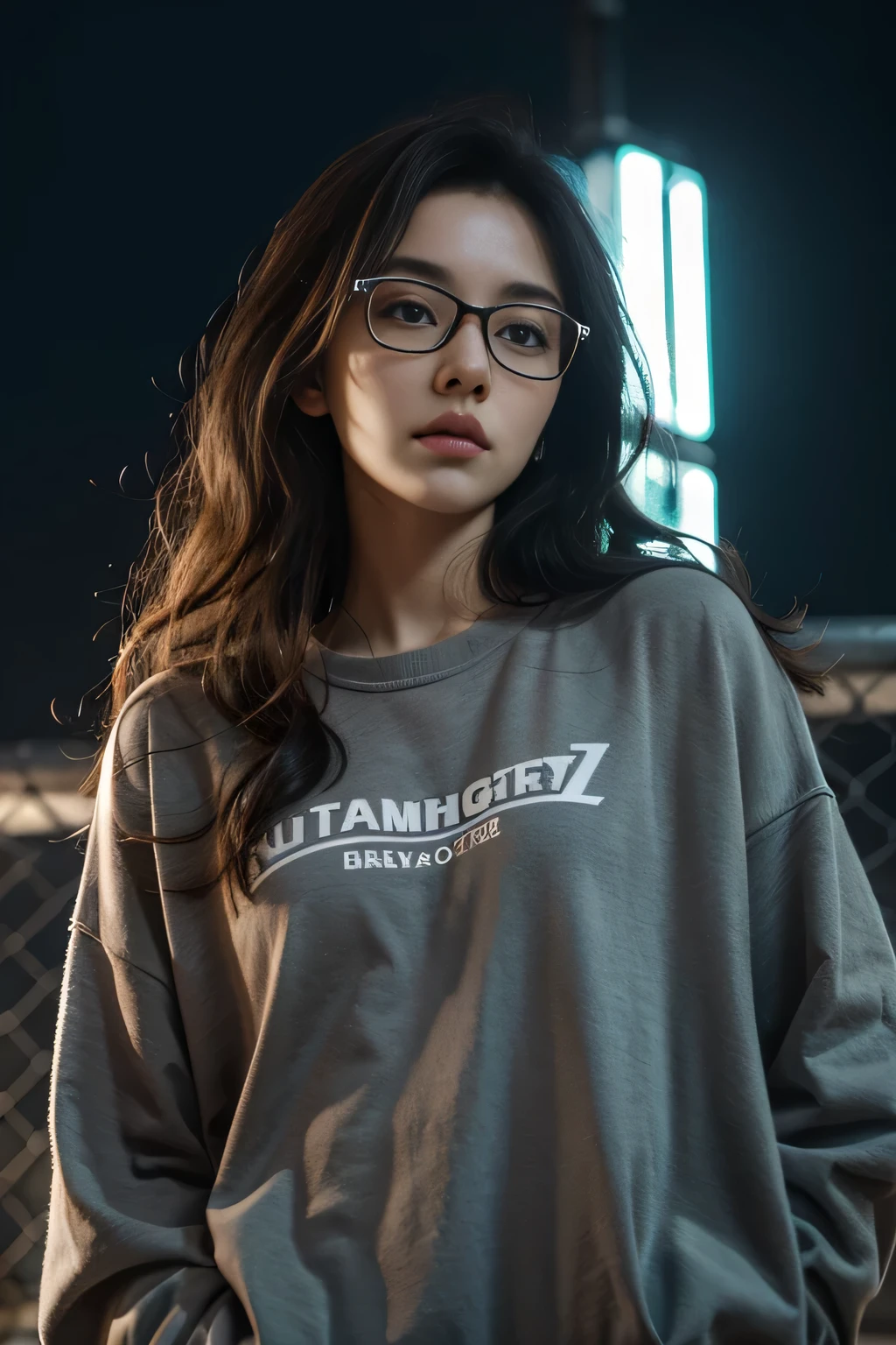 1girl, beautiful, wavy hair, almond eyes, no make up, grey sweatshirt, oversize_shirt, in front of fence, night city, cyberpunk vibes, close up, (from below:1.2), (photorealistic:1.2), (ultra realistic:1.3), (very detailed:1.1), ((masterpiece)), wear glasses