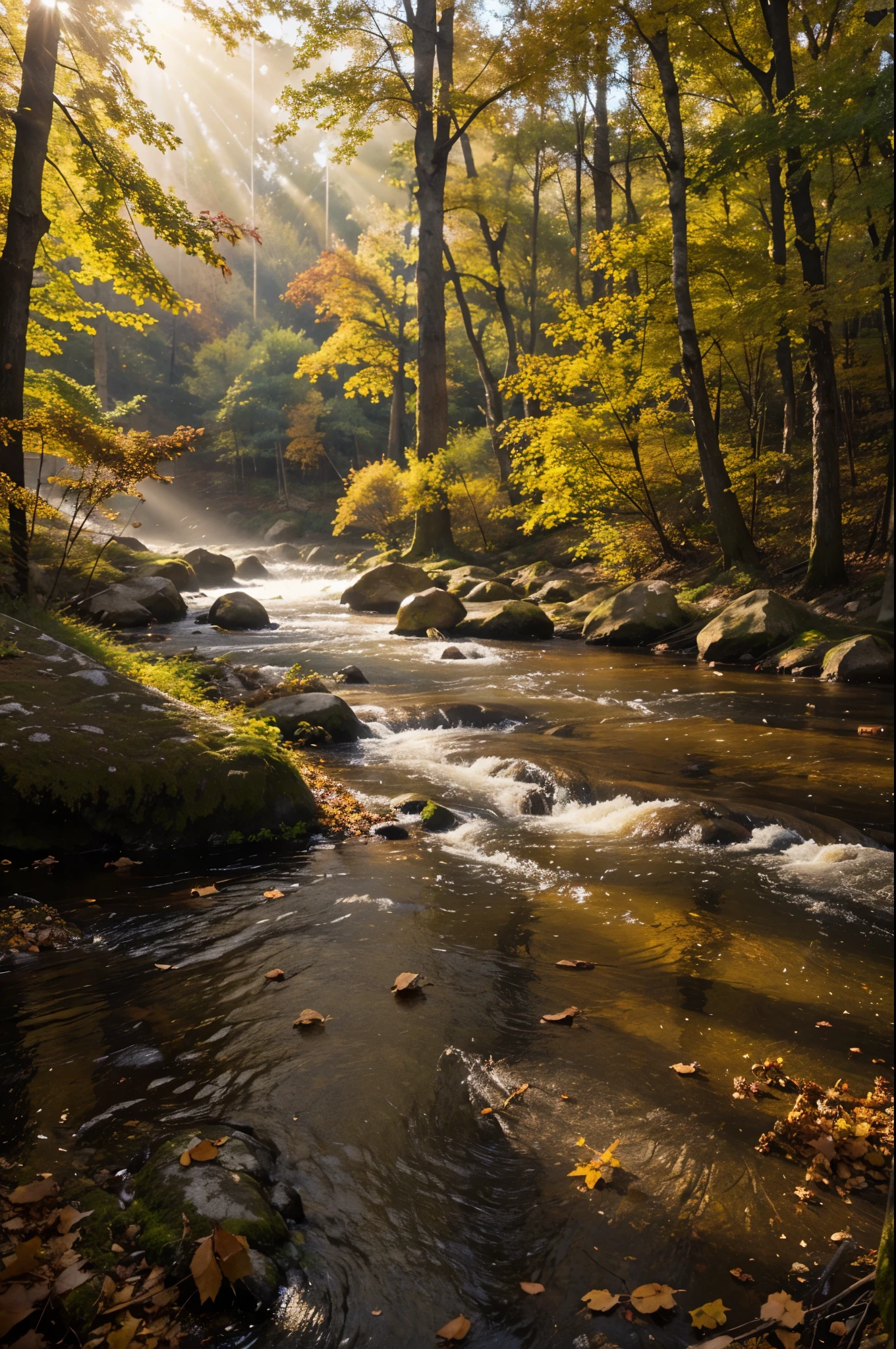 autumn forest, yellow color mostly, fog, sunny rays, small silent river, fallen leaves, masterpiece, ultrarealistic photo, 4k