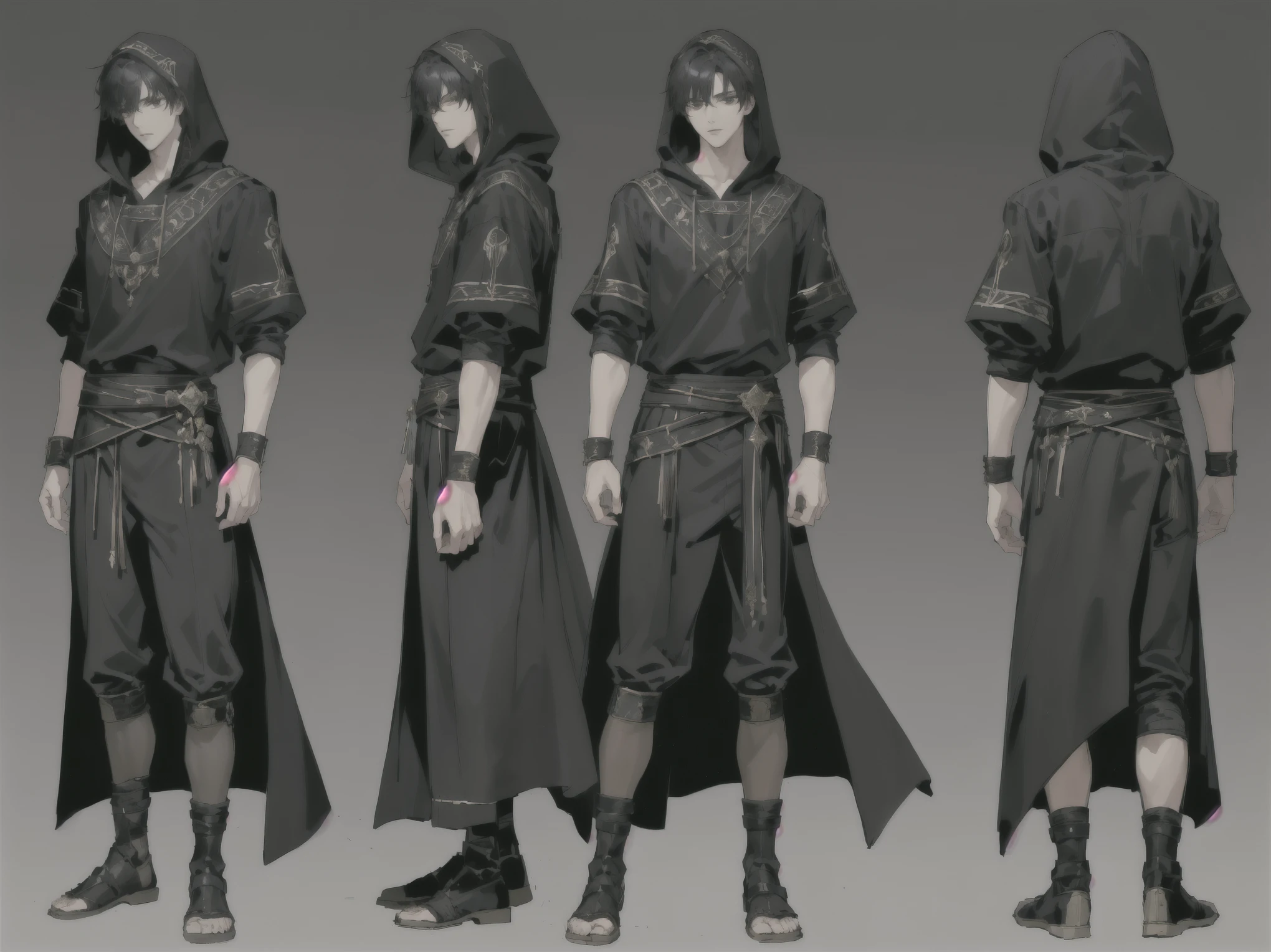 boy, ((handsome guy)), cute guy, harmless appearance, rude guy, carefree guy, irresponsible guy, toned posture, correct posture, black hair, black eyes, correct anatomy, small build, handsome guy, perfect appearance, guy, ((low height)), anime style, anime, 4k image, full body, regular background, white background, list of characters. perfect face, Details, front view, back view, ((full-length)), dark clothes, asasin, closed clothes, kapshon, hidden clothes, hoodie, ((medieval clothes)), Egyptian clothes, hired killer, contorts face, full-length, Middle Ages, fantasy, Anime. ((masterpiece, highest quality), the design of the whole body of the character, a lot of details, very detailed, deep, the whole body, from different angles
