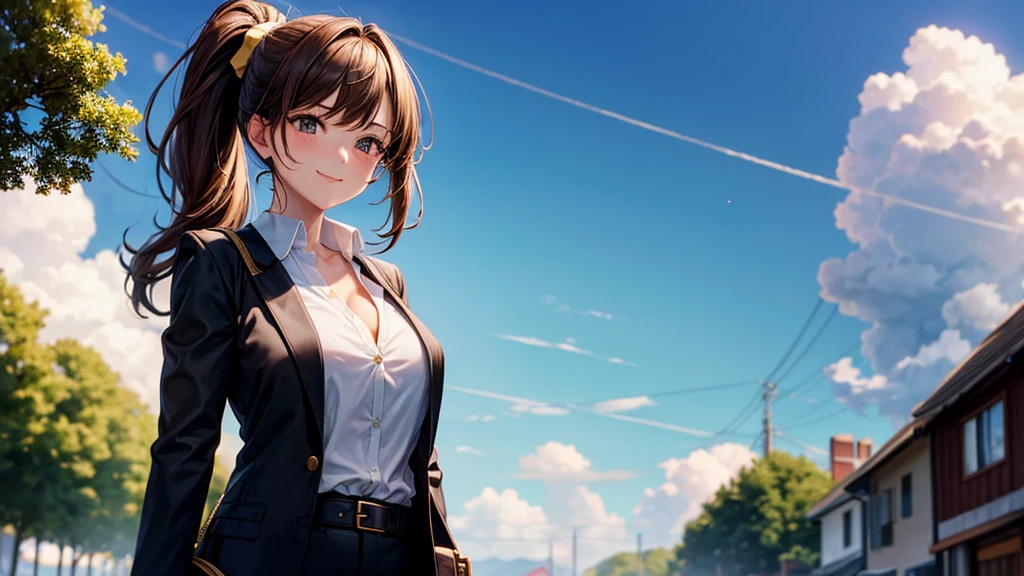 1girl, full body, solo, summer, village, trees, sun, clouds, ((brown hair)), ponytail, large breasts, ((black blazer)), button down shirt, ((white shirt)), ((short sleeved shirt)), ((unbuttoned shirt)), unbuttoning buttons, cleavage 1:3, brown eyes, skirt, smile, looking at the viewer, standing, hair ribbon, golden necklate, shoulder bag