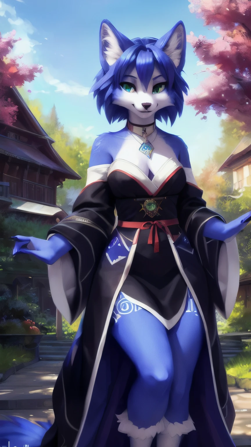 A beautiful and detailed (cute full body portrait) von ((Krystal)), Sternenfuchs Krystal, Schlank, liebenswert, green eyes, medium breasts, (((Lange blaue Haare 1.3))), ((schwarze haarspitzen)), Dekollete, Grinsen, hoch schauen,, anthro, Pelzig, Hochgeladen E621, detailed flauschige fur, (von Fluff-Kevlar, Bayard Wu, personalami, Pino Daeni), detailliertes Gesicht, (flauschige), 1 girl, Allein, wears a kimono, befindet sich in einem japanischen dorf