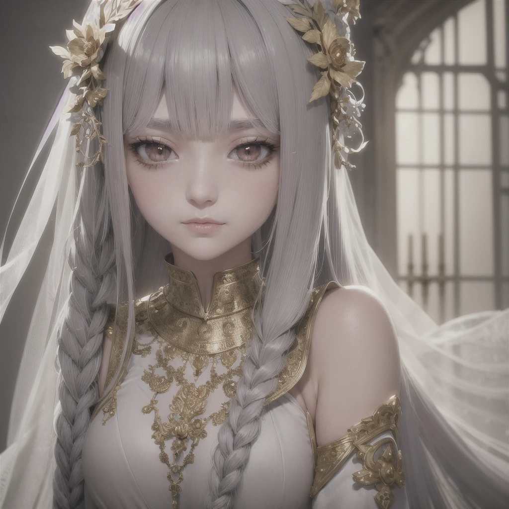 best quality, masterpiece,gray hair, golden eyes,white clothes, search,hair,fair skin,side braids,,(very detailed),(Really delicate and beautiful face),(detailed beautiful eyes),big bust,redness of ears,blush light smile, Exotic eyes, 1lady solo, nobility, royalty,closeup, detailed texture, whole body,Precise and perfect human body,Exquisite and perfect facial features,hair over shoulders,long eyelashes,The most beautiful big eyes