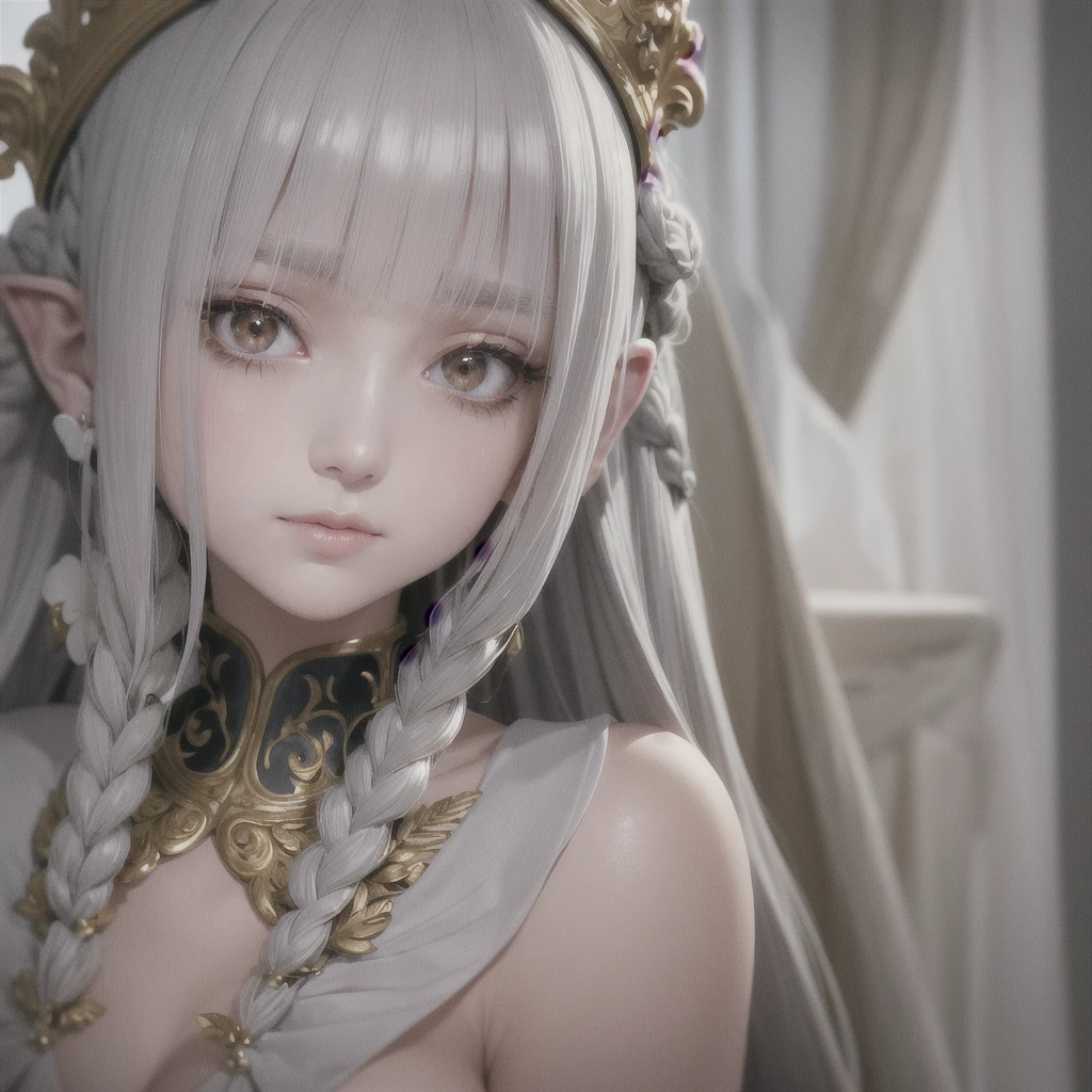 best quality, masterpiece,gray hair, golden eyes,white clothes, search,hair,fair skin,side braids,,(very detailed),(Really delicate and beautiful face),(detailed beautiful eyes),big bust,redness of ears,blush light smile, Exotic eyes, 1lady solo, nobility, royalty,closeup, detailed texture, whole body,Precise and perfect human body,Exquisite and perfect facial features,hair over shoulders,long eyelashes,The most beautiful big eyes