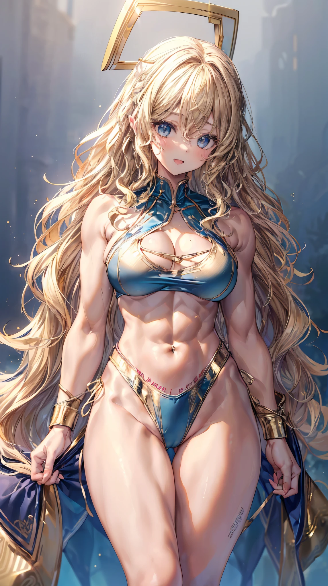 (Adult women:1.5)、Very detailed、highest quality、Best image quality、masterpiece、8k、Anime Face、A kind smile、(Open your mouth:1.3)、Sparkling blue eyes、(Blonde Wavy Hair:1.5)、、Muscles of the whole body、(High leg:1.5)、Thigh belt、(Wearing a gold bikini:1.5)、(Cowboy Shot:1.5)、SFW Giant