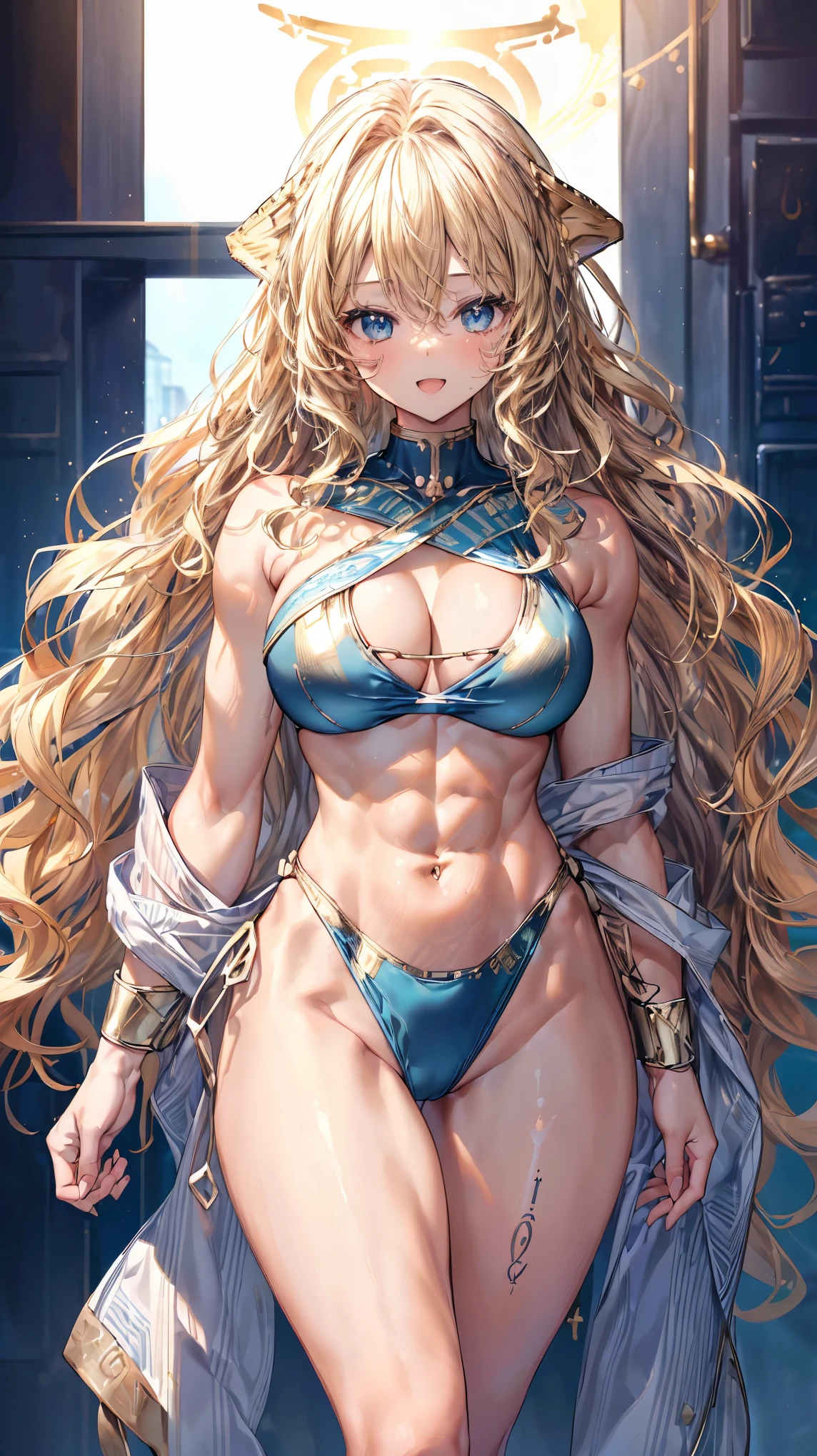 (Adult women:1.5)、Very detailed、highest quality、Best image quality、masterpiece、8k、Anime Face、A kind smile、(Open your mouth:1.3)、Sparkling blue eyes、(Blonde Wavy Hair:1.5)、、Muscles of the whole body、(High leg:1.5)、Thigh belt、(Wearing a gold bikini:1.5)、(Cowboy Shot:1.5)、SFW Giant