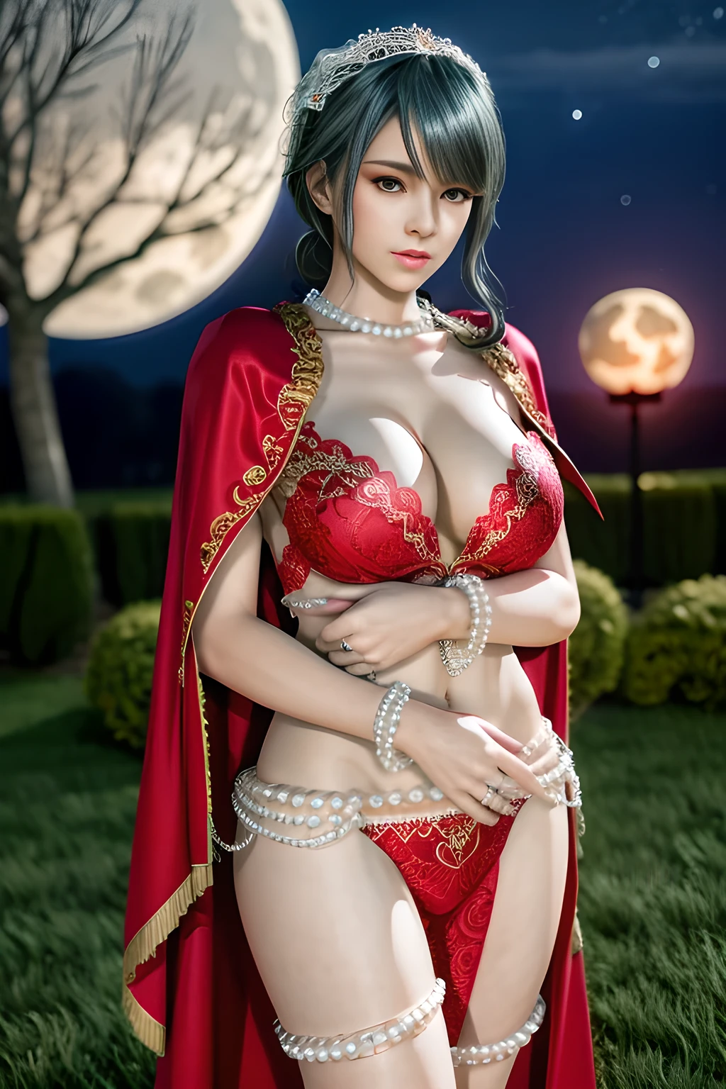 1 girl,lean over WINK,(Wearing Wedding Dress:1.2) ,(Wearing Jewel:1.2) ,( red lace_cloak:1.3),(Fluffs :1.4),(pearl bodychain:1.3),garden,nighttime,moon,( huge breasts ),cleavage,shiny skin,lip gloss,tattoos, masterpiece, best quality, realistic ,Surrealism,Rich artistic colors,natural colors art in 8k,3D,Portrait art,solo, tamaki