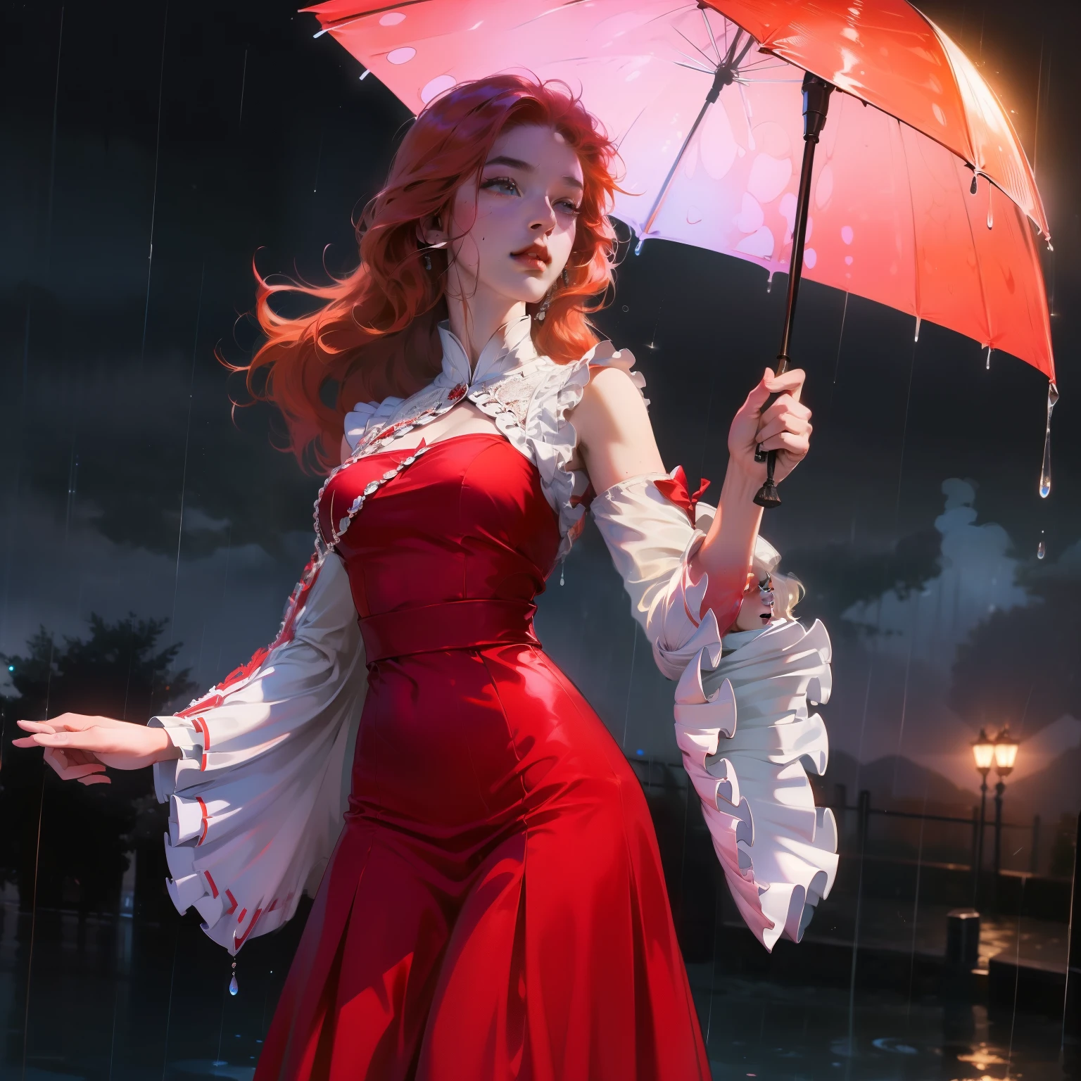 ((best quality, 8k, Lace maxi dress, Standing in the rain, , Highly detailed face and skin texture, Delicateeyes, Double eyelids.)
