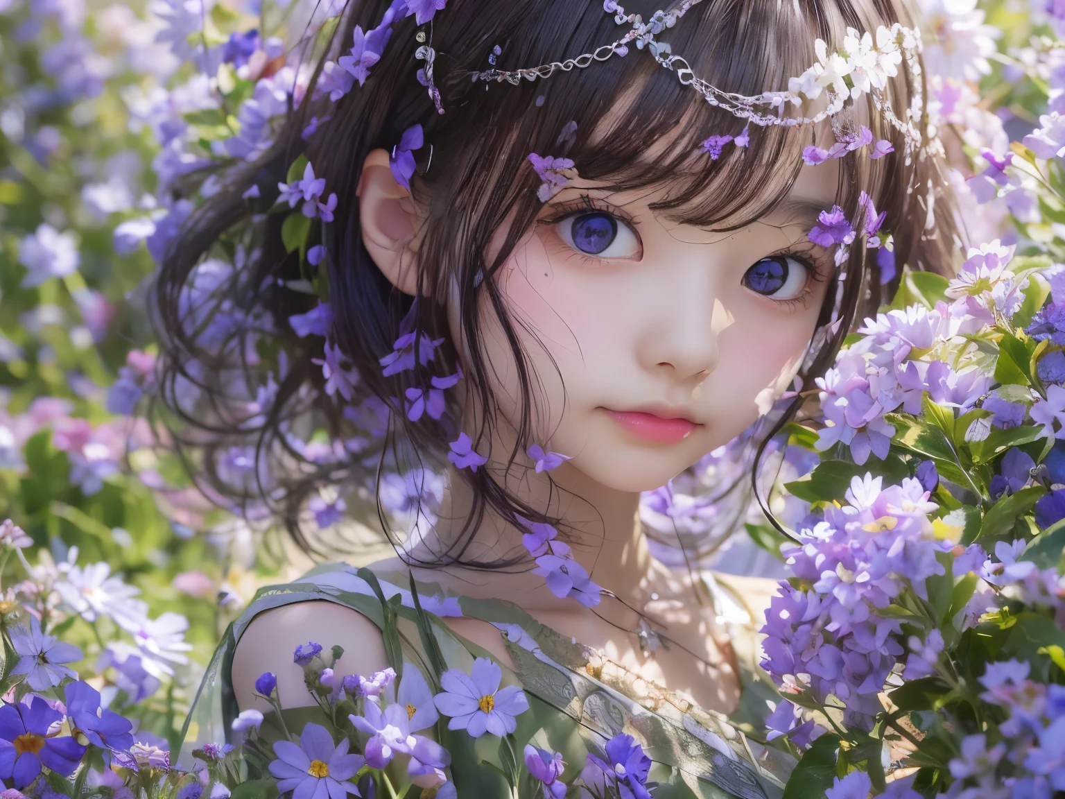 masterpiece, highest quality, Super detailed, figure, , , 1 girl,alone, image body, flower, looking at the viewer, , , purple eyes, eyes like jewels, very fine eyes, highly detailed face,, , star (null), Star,  purple energy,  handrail, Stream star