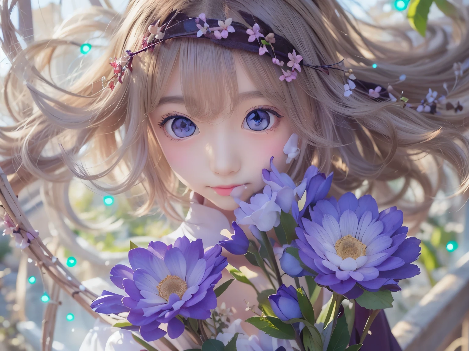 masterpiece, highest quality, Super detailed, figure, , , 1 girl,alone, image body, flower, looking at the viewer, , , purple eyes, eyes like jewels, very fine eyes, highly detailed face,, , star (null), Star,  purple energy,  handrail, Stream star