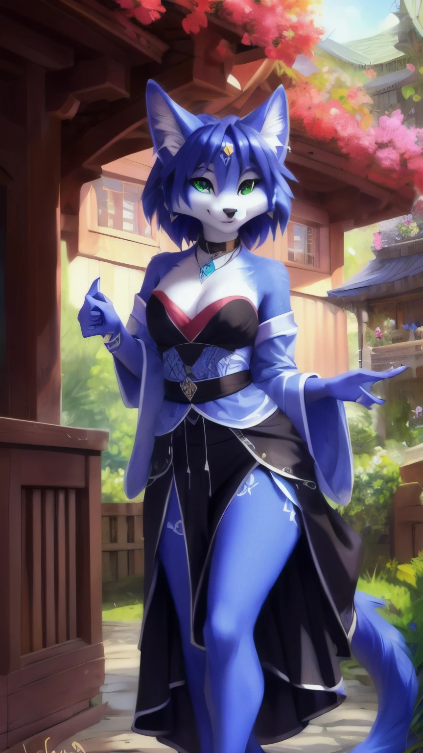 A beautiful and detailed (cute full body portrait) von ((Krystal)), Sternenfuchs Krystal, Schlank, liebenswert, green eyes, medium breasts, (((Lange blaue Haare 1.3))), ((schwarze haarspitzen)), Dekollete, Grinsen, hoch schauen,, anthro, Pelzig, Hochgeladen E621, detailed flauschige fur, (von Fluff-Kevlar, Bayard Wu, personalami, Pino Daeni), detailliertes Gesicht, (flauschige), 1 girl, Allein, wears a kimono, befindet sich in einem japanischen dorf