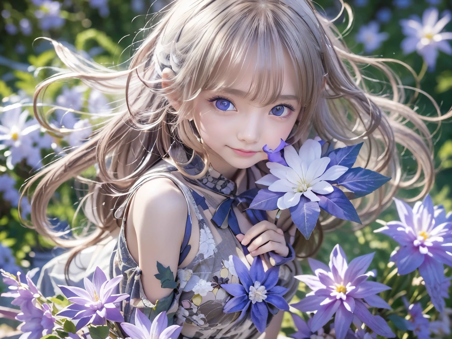 masterpiece, highest quality, Super detailed, figure, , , 1 girl,alone, image body, flower, looking at the viewer, , , purple eyes, eyes like jewels, very fine eyes, highly detailed face,, , star (null), Star, purple energy, handrail, Stream star