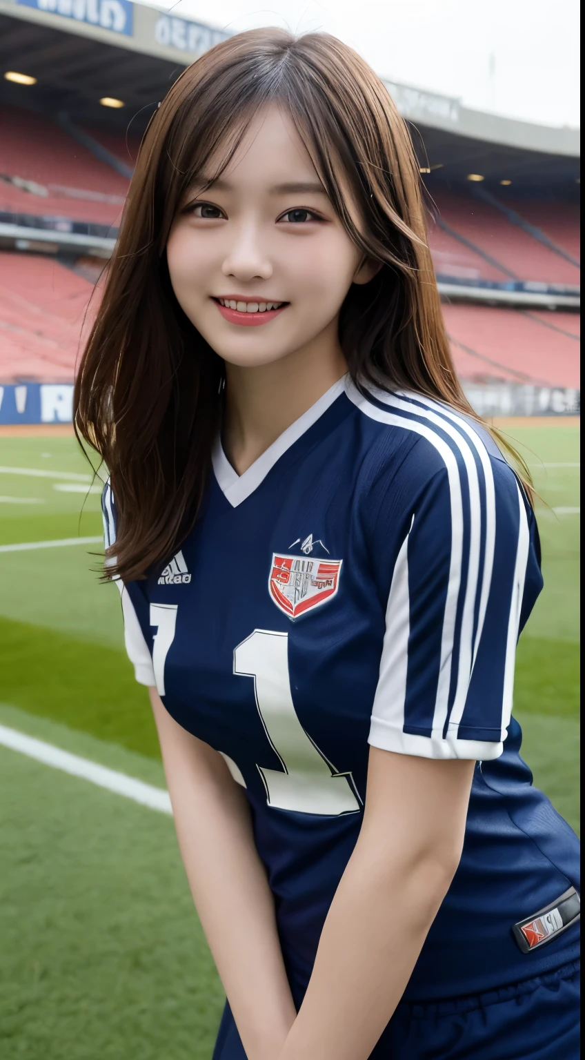 Tabletop, highest quality, figure, Very detailed, In detail, High resolution, 8k wallpaper, Perfect dynamic composition, Beautiful fine details, Brighton soccer uniform,Medium Hair, Center of chest, Natural color lip, Random sexy poses,smile,Football Stadium，Knight，Large Breasts，smile，support，大きなLarge Breasts，
