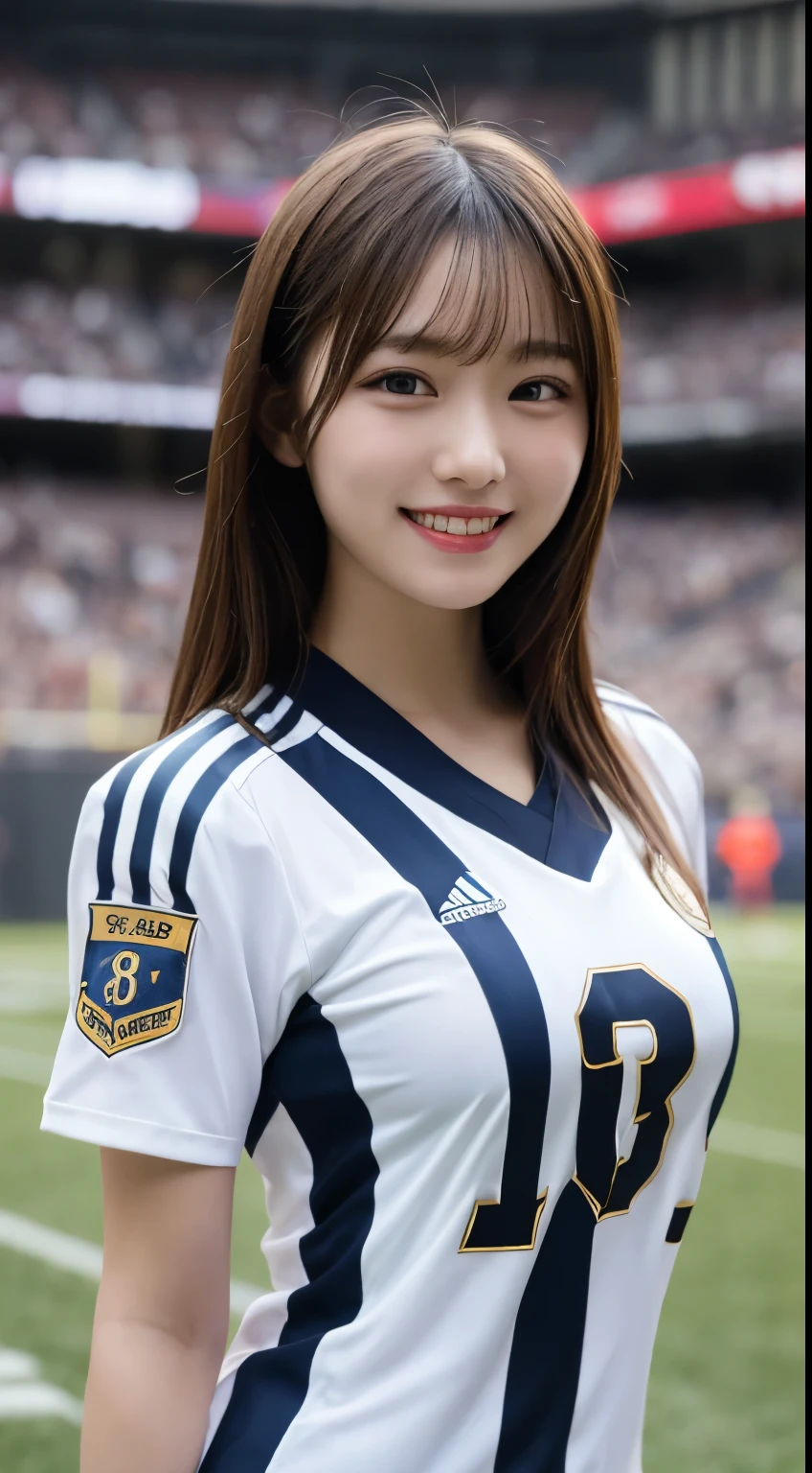 Tabletop, highest quality, figure, Very detailed, In detail, High resolution, 8k wallpaper, Perfect dynamic composition, Beautiful fine details, Brighton soccer uniform,Medium Hair, Center of chest, Natural color lip, Random sexy poses,smile,Football Stadium，Knight，Large Breasts，smile，support，大きなLarge Breasts，
