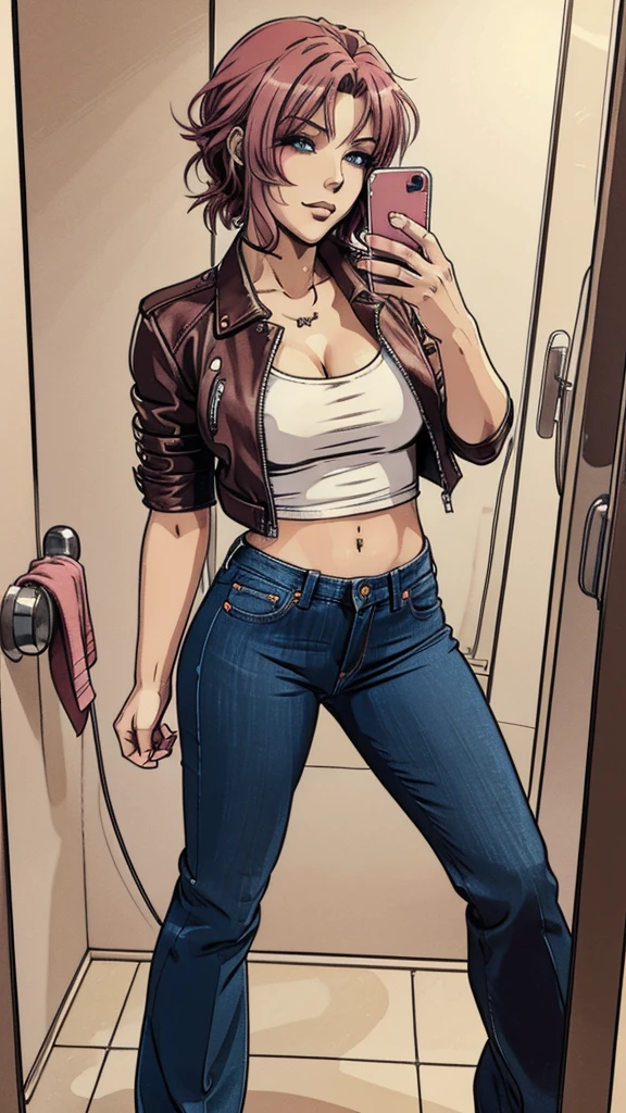 vector image, 2d cartoon,masterpiece, An anime woman, blush,colored hair, provocative makeup,tight bootcut jeans, heels, sexy pose, leather dark jacket, t-shirt, taking horny selfie:1.2, in restroom,