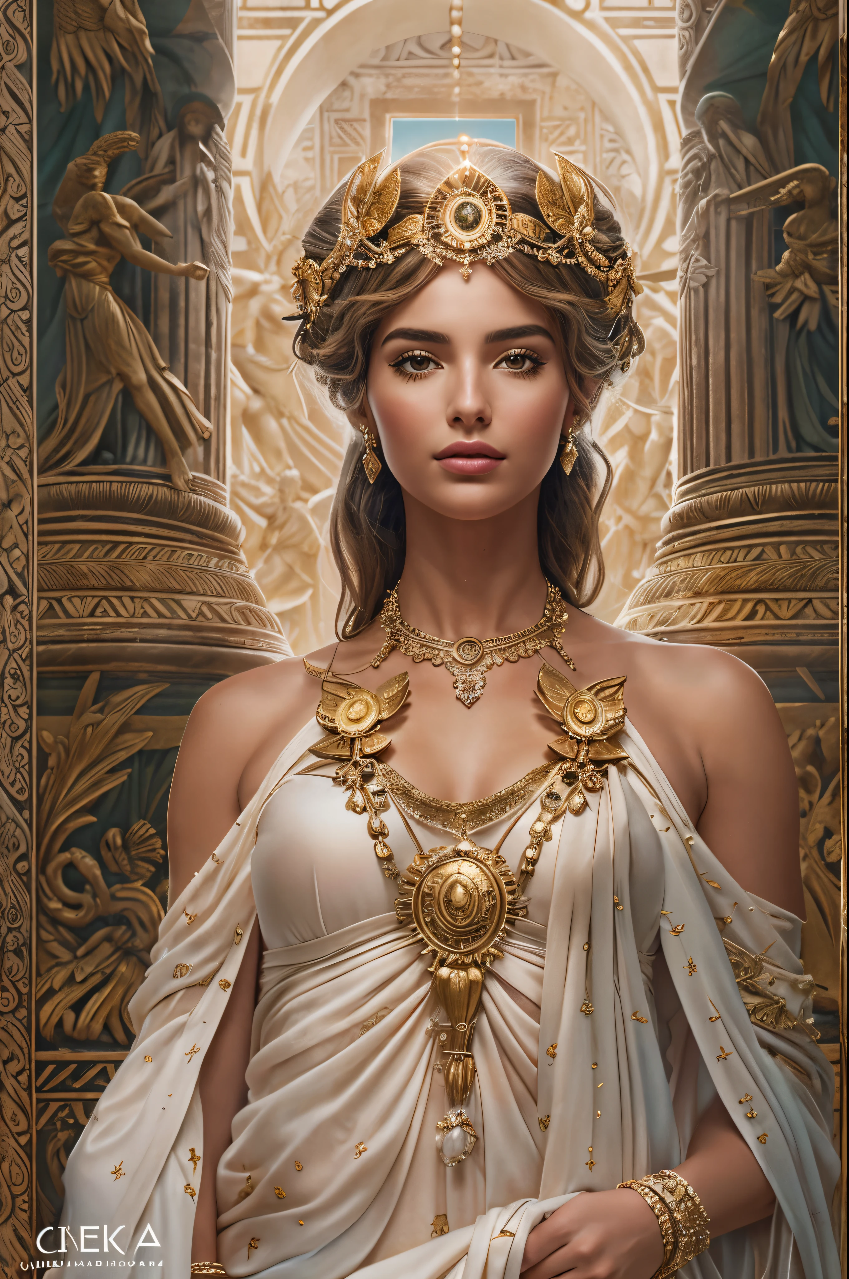 Imagine an AI-generated image that transforms Mila Kunis into a majestic Greek goddess. Envision her draped in ethereal, flowing robes adorned with symbols of ancient mythology. Picture her with divine features, radiating strength and beauty, as she holds artifacts of power associated with the gods. Surround her with an aura of celestial light, and place her within a mythical landscape inspired by ancient Greece. Capture the essence of Mila Kunis as a modern interpretation of a Greek goddess, blending her contemporary charm with the timeless elegance of classical mythology."