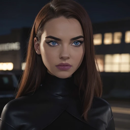 (masterpiece, high quality) woman,black leather turtleneck, grey skirt,looking at viewer, perfect face, suits Navy blue, crystal blue eyes, eyelashes, makeup,yellow batsymbol in chest 