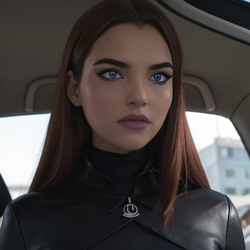 (masterpiece, high quality) woman,black leather turtleneck, grey skirt,looking at viewer, perfect face, suits Navy blue, crystal blue eyes, eyelashes, makeup,yellow batsymbol in chest