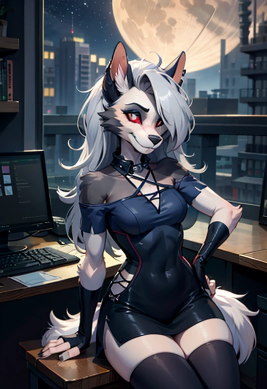 loona hellhound, anthro, Abonnieren, Abonnieren, fingerlose Handschuhe, black hold-up stockings, Rock, dicke Oberschenkel, medium breasts, Sanduhr-Figur, kleine Schnauze, (geschlitzte Pupillen, White eyes, rote Sklera:1.1), Betrachter betrachten, auf dem Tisch sitzen, detaillierter Hintergrund, Wolkenkratzer, (heaven Hell, roter Himmel:1.1), (Office , computer:1.2), Blick auf die Stadt aus dem Fenster, smile, (flauschigen Schwanz:1.1), Stachelhalsband, (Nacht, Mond), (Meisterwerk, artstation, epische Komposition, good quality)