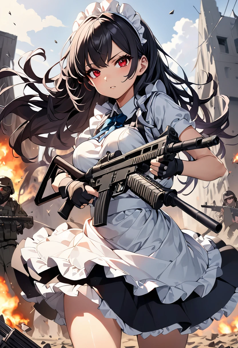 masterpiece、highest quality、Ultra-high resolution、Maximum resolution、Very detailed、Professional Lighting、anime、woman、thin、so beautiful、high school girl、Maid clothes、Has an assault rifle、Red Eye、Black Hair、long hair、Fingerless gloves、Equipped with shooting glasses、Standing alone on the battlefield、Holding a gun in a bold pose