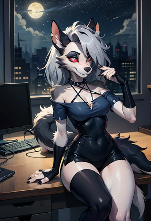 loona hellhound, anthro, Abonnieren, Abonnieren, fingerlose Handschuhe, black hold-up stockings, Rock, dicke Oberschenkel, medium breasts, kleine Schnauze, (geschlitzte Pupillen, White eyes, rote Sklera:1.1), Betrachter betrachten,  detaillierter Hintergrund, Wolkenkratzer, (heaven Hell, roter Himmel:1.1), (Office , computer:1.2), Blick auf die Stadt aus dem Fenster, smile, (flauschigen Schwanz:1.1), Stachelhalsband, (Nacht, Mond), (Meisterwerk, artstation, epische Komposition, good quality)