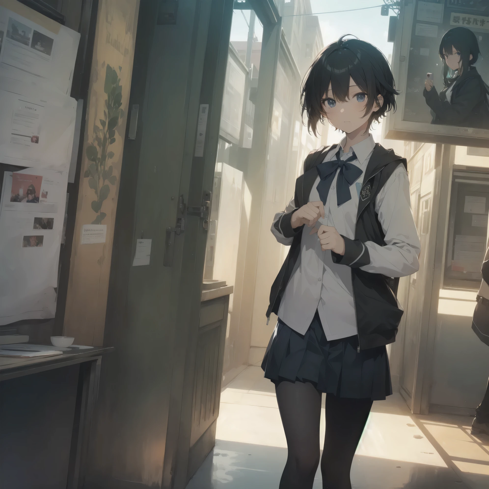 ultra-absurdres-Top quality by artist God, ultra-detailed, high resolution, anime moe artstyle, best anime 8k konachan wallpaper, pixiv contest winner, pool:2810, perfect anatomy,break, 1girl, (Please draw a girl walking sleepily to school alone. )break,(Solo,little female, 13-year-old:1.3),Full limbs, complete fingers,a junior high school student, (very short hair), short cut, flat chest, , small butt, small black eyes, beautiful detailed eyes, well-proportioned iris and pupils, expressive eyes, highres detailed hair, soft expression, school_uniform, bowtie, collared shirt. pleated skirt,(Detailed Lighting), (Detailed background), in the School commute route. break,super detailed skin, Best cinematic lighting powered by famous artist, 8k,beauty illustration,photoshop_(medium),very aesthetic,break,((artist:liduke )), artist:bolze ,artist:oyari ashito ,artist:kantoku ,