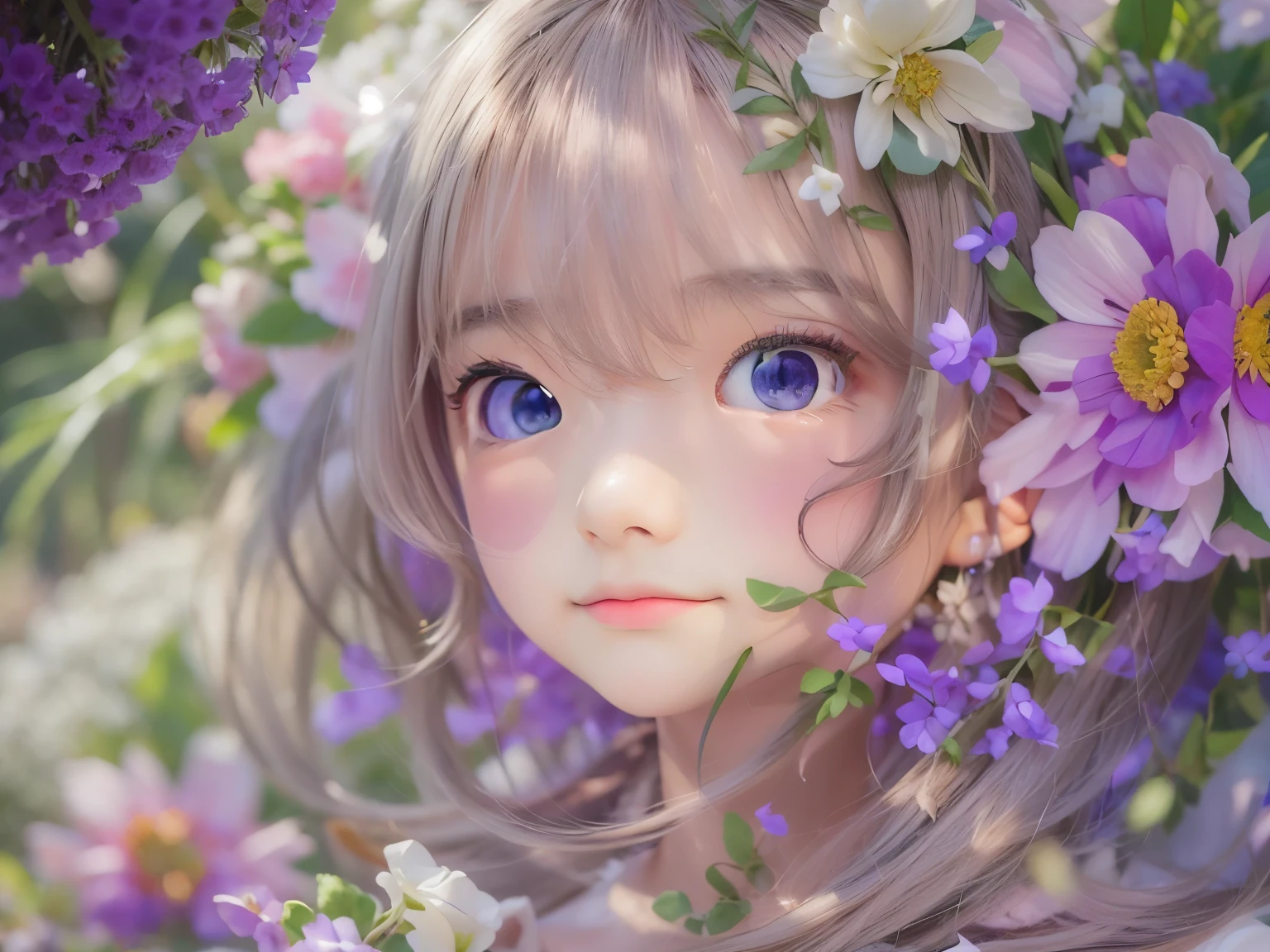 detailed face, cute face,brown eye, masterpiece, highest quality, Super detailed, figure, , , 1 girl,alone, image body, flower, looking at the viewer, , , purple eyes, eyes like jewels, very fine eyes, highly detailed face,, , star (null), Star,  purple energy,  handrail, Stream star