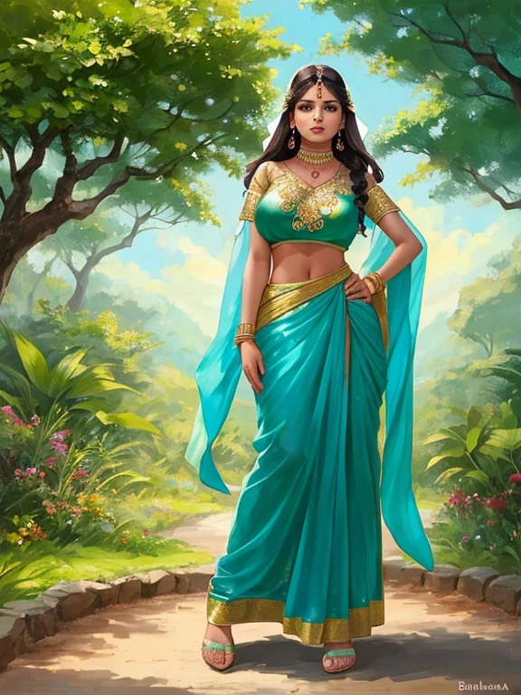 1 women velamma is standing by a tree, beautiful look, raised buttock, bulging breast, one hand on her hip, other hand on her breast, looking towards the camera, her whole body can be seen, on this side, on this side, the trees and plants are the ground of imagination,  very beautiful woman with white complexion. very sexy look 