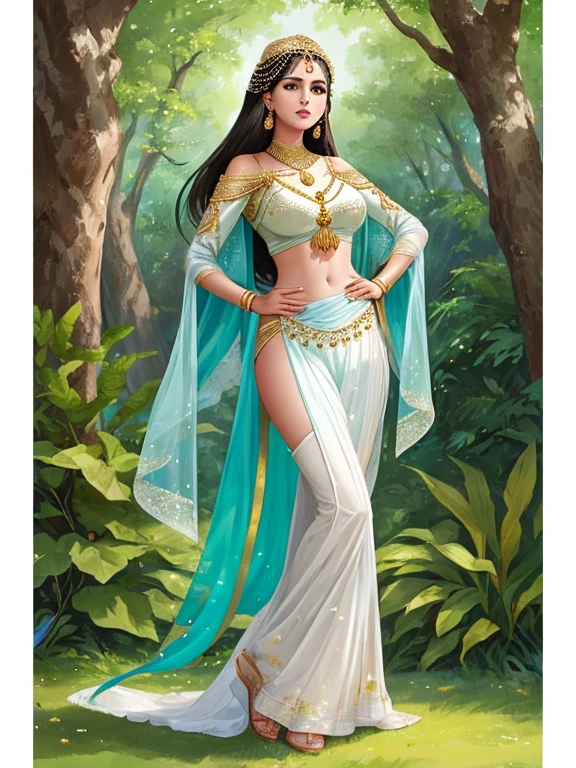 1 women velamma is standing by a tree, beautiful look, raised buttock, bulging breast, one hand on her hip, other hand on her breast, looking towards the camera, her whole body can be seen, on this side, on this side, the trees and plants are the ground of imagination, very beautiful woman with white complexion. very sexy look