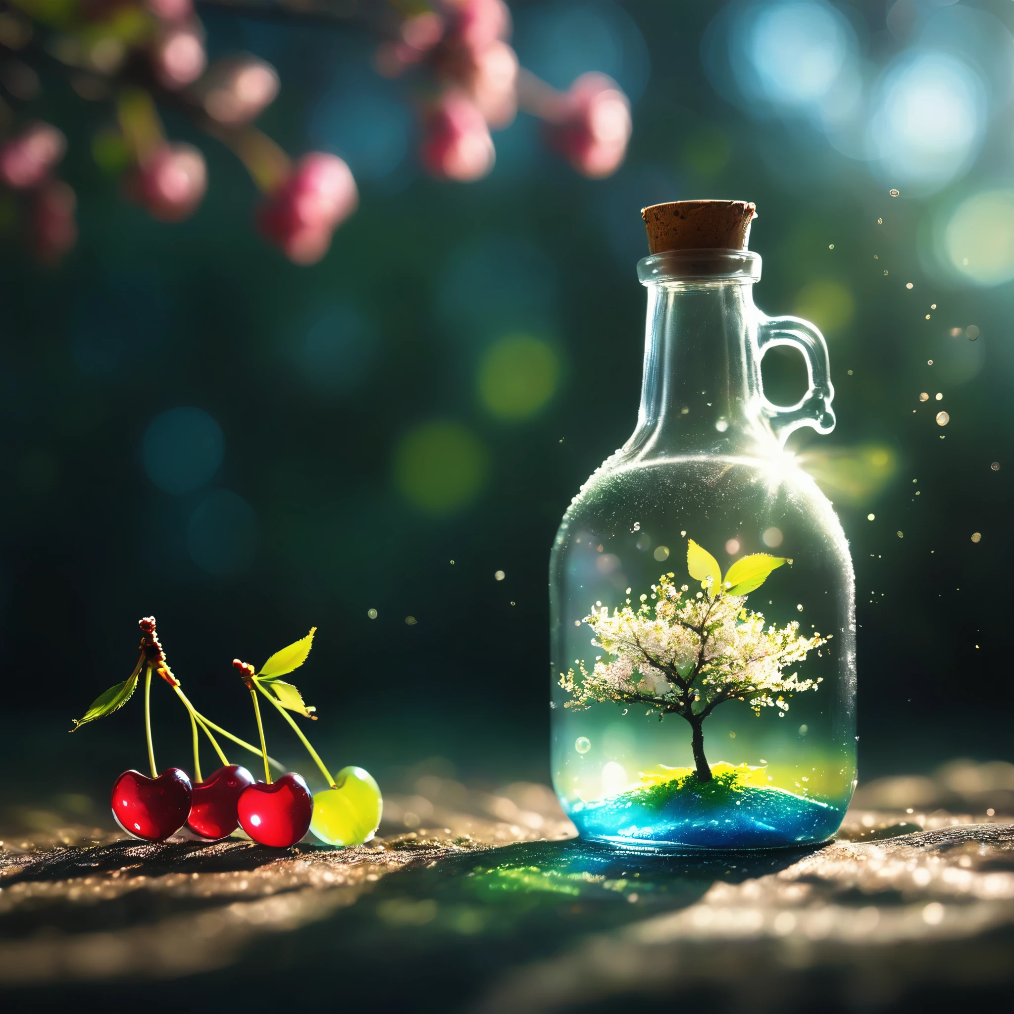 Cherry tree in a bottle, Fluffy, actual, Atmospheric light refraction, photography：Lee Jeffries, Nikon d850 film stock photos 4 Kodak portra 400 camera f1.6 guns, rich and colorful, ultra actual actual textures, Dramatic Lighting, Unreal Engine Trends on artstation cinestill 800, Style - Glass