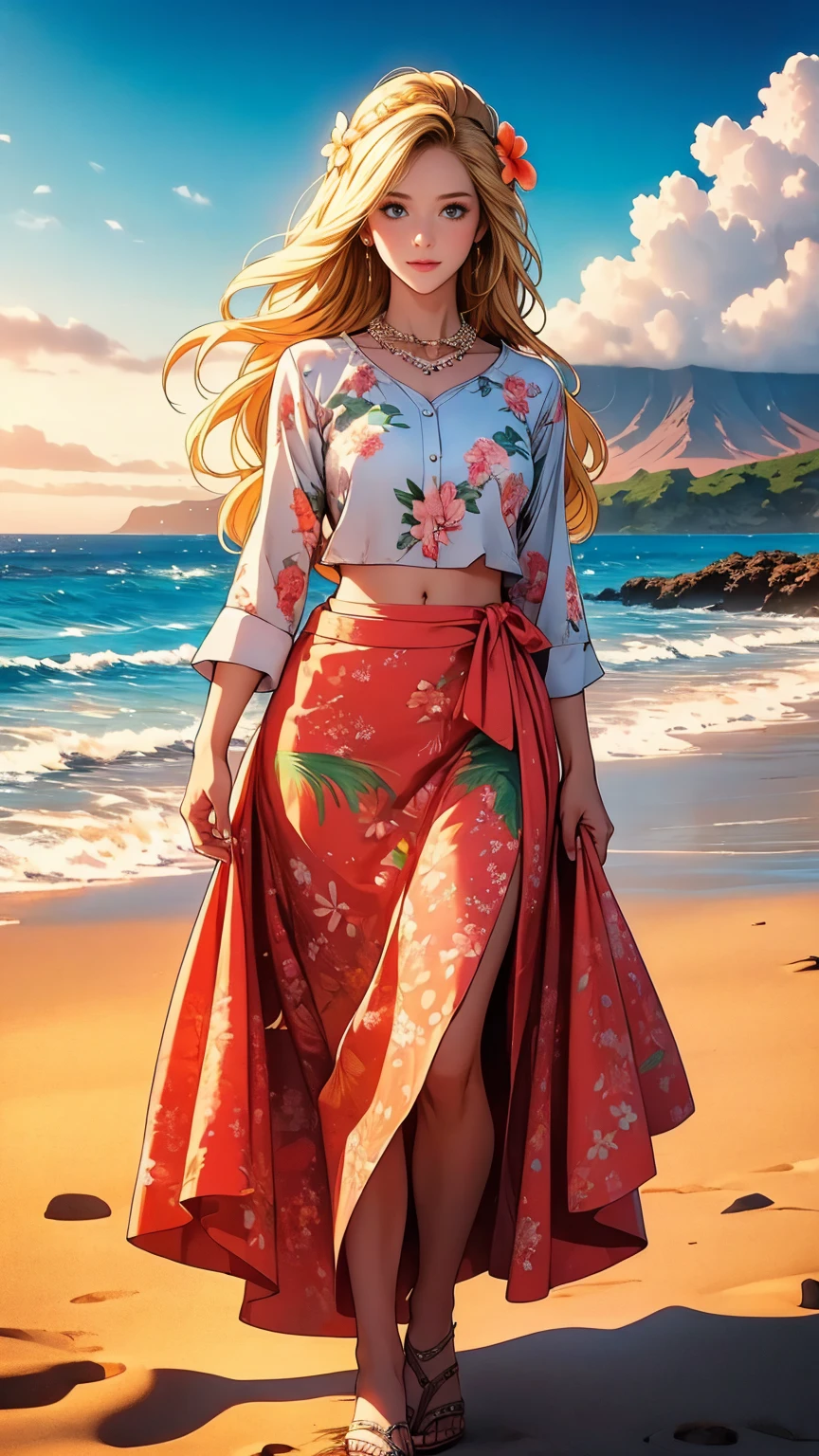 (masterpiece, best quality, high resolution, ultra detailed), (beautiful and aesthetic: 1.2), 1 female, adult female, blonde long hair, blue eyes, gentle face, (slight smile: 0.8), detailed eyes and face, perfect body, full-length figure, beautiful makeup, beautiful hula skirt, Hawaiian skirt, Hawaiian style, Hawaiian shirt, sandals, flowers woven into hair, flower beads on the neck, beach, Hawaii, golden hour, sea , sand, holiday on the beach