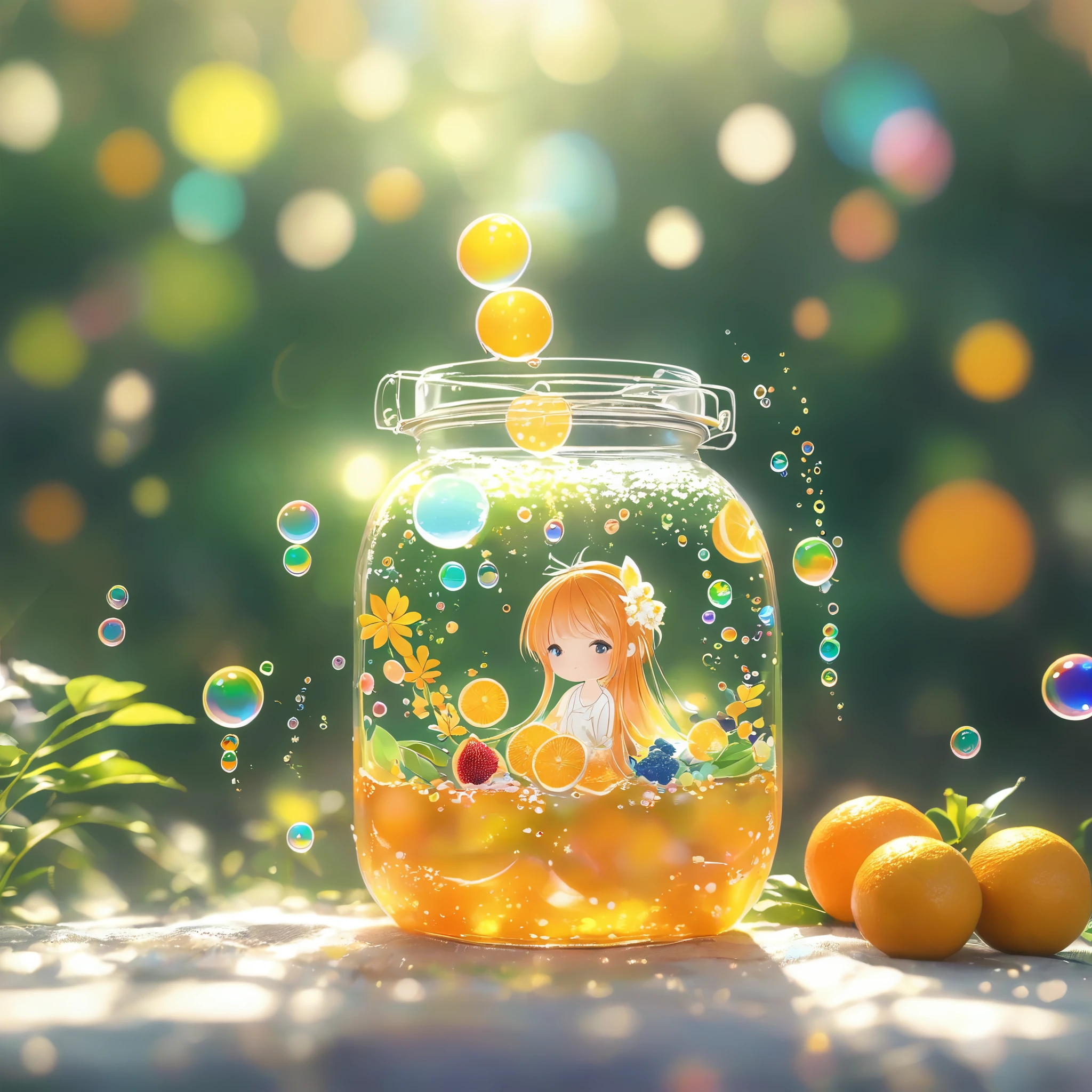 (masterpiece), (best quality), illustration, Ultra Detailed, HDR, Depth of Field, (Colorful), ,(Flowers background:1.45),(Transparent Background:1.3)(an extremely delicate and beautiful girl inside of Glass Kan:1.2), (Glass Kan:1.35),(solitary:1.2), (whole body), (Beautiful and delicate eyes, Beautiful and delicate face:1.3), (sitting ), (Very long silky hair, white hair:1.15), (Ease_Chest, tally and skinny:1.2), (Colorful clothes:1.3), (extremely detailed lace:0.3), (极其细致的decorate:0.3),(Headband , Orange Hair_decorate:1.25),orange jar,water surface,whole body,(Bottle filled with orange water,bottle filled with Fanta:1.25), (many Fruit in a jar, Multiple_Fruit in a jar:1.25), (There are a lot of bubbles:1.25),