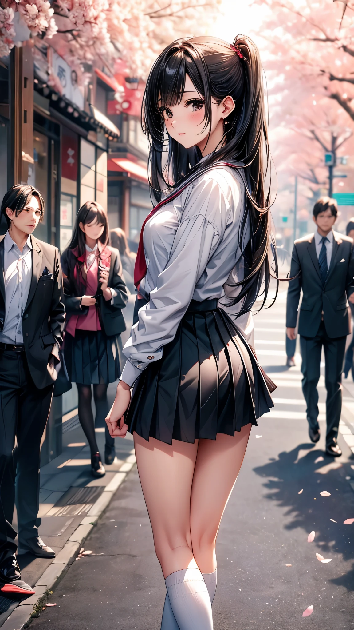 ((Ultra-delicate)), ((Ultra-detail)),(Be focused), (high resolution), Deformed depth of field blurred background, (Detailed background), Perfect layer cut, (full-body shot), rear View, a girl, one person, ((Japanese student)), slim figure, smooth skin, black long hair, slim legs, beautiful fingers, School uniform, white shirt, Black pleated student skirt, dark stockings, Dark student shoes, Background japan city, on street, outdoor , spring, morning, Cherry blossoms, flying Cherry blossoms, CG unity, 8k, Octane Render,