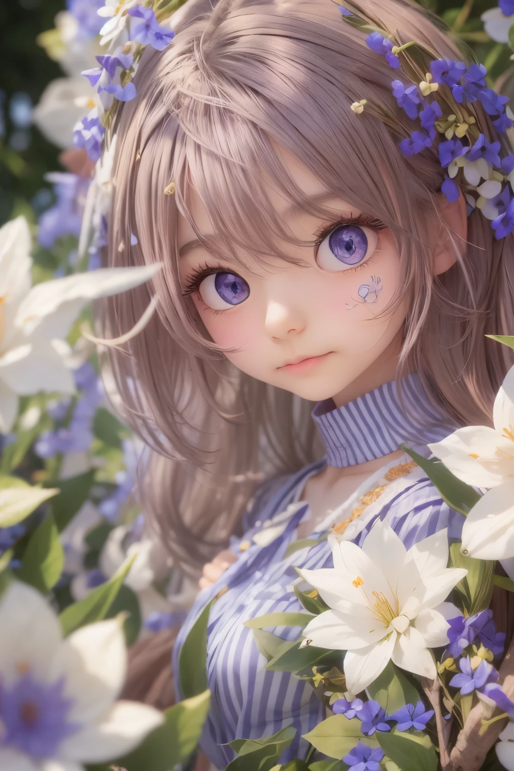detailed face, cute face,brown eye, masterpiece, highest quality, Super detailed, figure, , , 1 girl,alone, image body, flower, looking at the viewer, , , purple eyes, eyes like jewels, very fine eyes, highly detailed face,, , star (null), Star, purple energy, handrail, Stream star