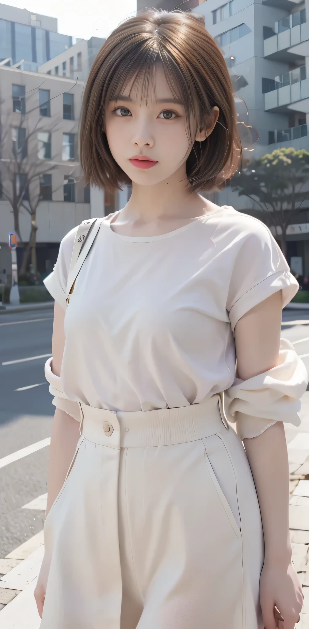 light brown hair、brown hair、hair between eyes、hair behind the ear、short hair、white shirt、uniform、front、negative space、Lens flare、Bokeh、 wide angle、超wide angle、f/1.8、35mm、realism、Depth of the bounds written、futuristic、UHD、retina、masterpiece、correct、anatomically correct、textured skin、super detail、high detail、high quality、 最high quality、High resolution、8K、cyber punk、Ultra-futuristic、Digital、on top of the building、Blowing in the wind、fluttering skirt、POV、at hand
