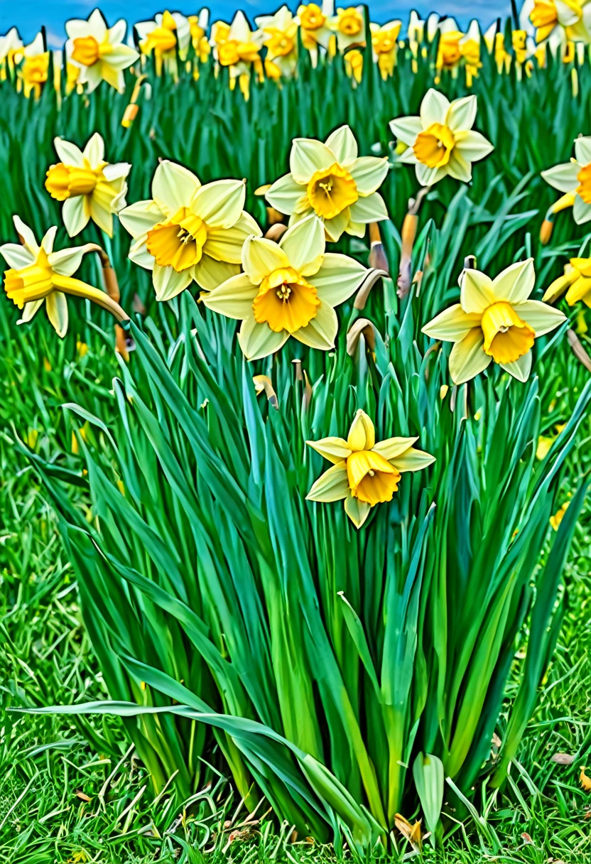 the highest quality result of all seeds, Generate impressionist style paintings with bright colors and blurry outlines, a variety of small details in the background. (((a cluster of yellow daffodils amidts the green grass and blue cloudy sky), ultra high quality sticker exquisi te craftsmanship postprocessing, ((((the best beautiful lush daffodils flowers image )))