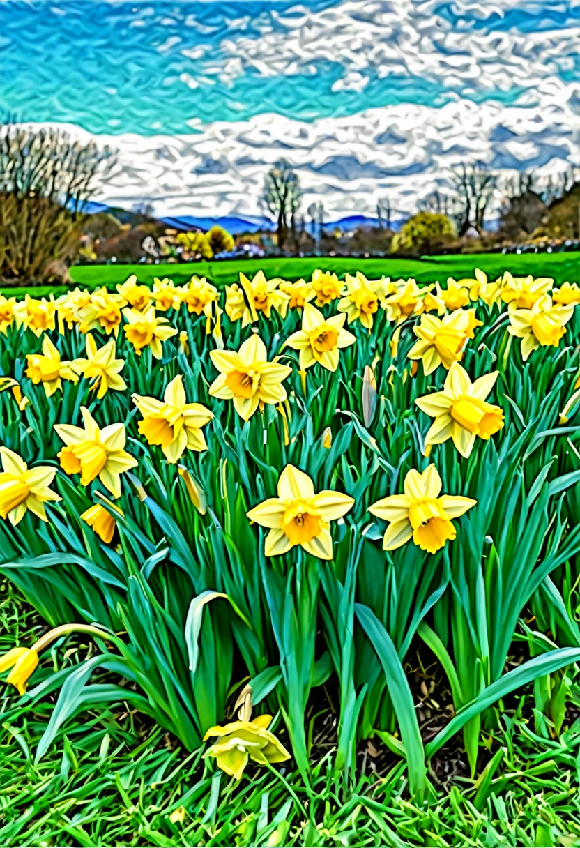 the highest quality result of all seeds, Generate impressionist style paintings with bright colors and blurry outlines, a variety of small details in the background. (((a cluster of yellow daffodils amidts the green grass and blue cloudy sky), ultra high quality sticker exquisi te craftsmanship postprocessing, ((((the best beautiful lush daffodils flowers image )))