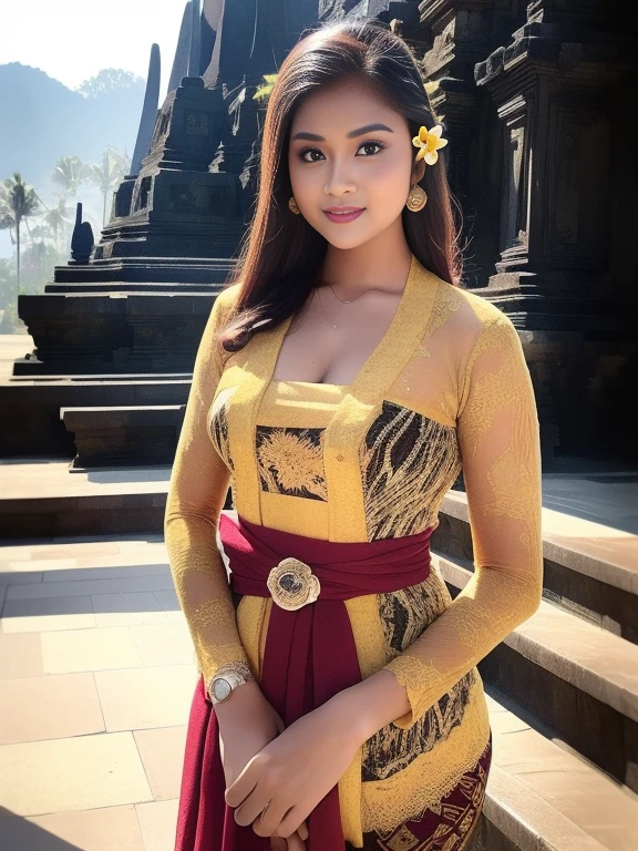 8k portrait of a beautiful brown-haired cyborg, very gracefully posed, ((Borobudur temple background)), photography, portrait of a beautiful_girl wearing a Balinese kebaya in black Balinese kebaya, light brown lipstick, details, flowers, bright background, soft focus, (masterpiece, sidelighting, fine detail beautiful eyes: 1.2), hdr