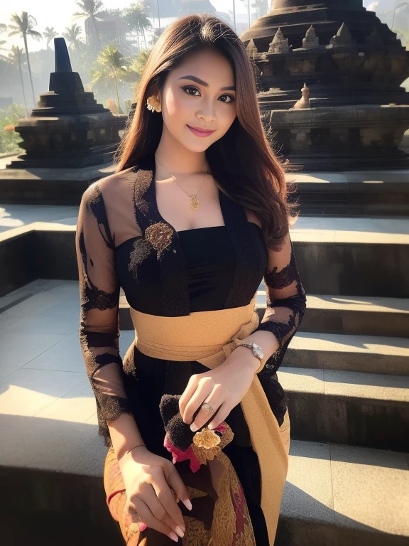 8k portrait of a beautiful brown-haired cyborg, very gracefully posed, ((Borobudur temple background)), photography, portrait of a beautiful_girl wearing a Balinese kebaya in black Balinese kebaya, light brown lipstick, details, flowers, bright background, soft focus, (masterpiece, sidelighting, fine detail beautiful eyes: 1.2), hdr