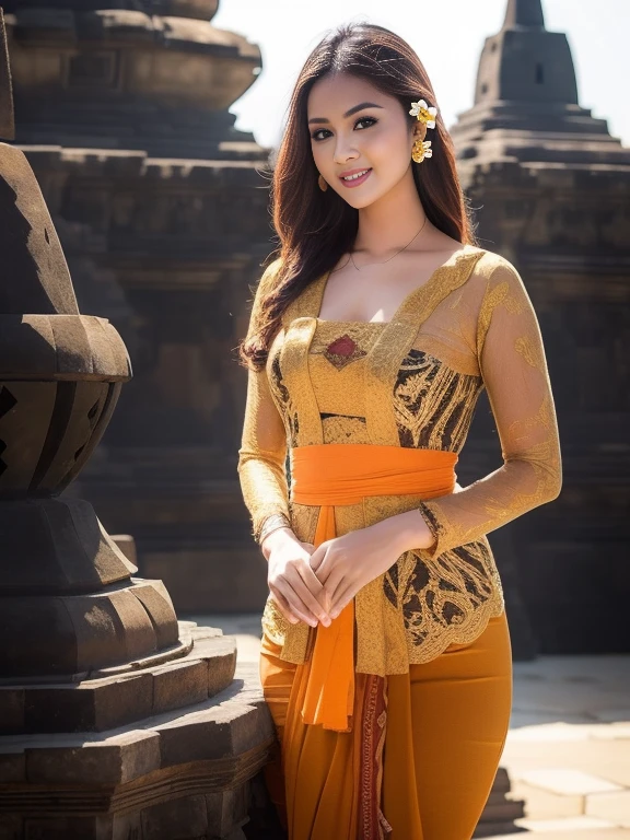 8k portrait of a beautiful brown-haired cyborg, very gracefully posed, ((Borobudur temple background)), photography, portrait of a beautiful_girl wearing a Balinese kebaya in black Balinese kebaya, light brown lipstick, details, flowers, bright background, soft focus, (masterpiece, sidelighting, fine detail beautiful eyes: 1.2), hdr