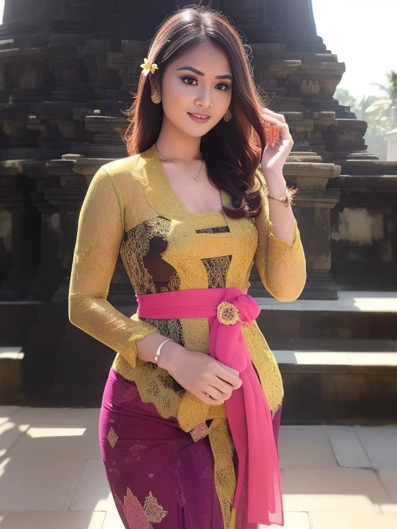 8k portrait of a beautiful brown-haired cyborg, very gracefully posed, ((Borobudur temple background)), photography, portrait of a beautiful_girl wearing a Balinese kebaya in black Balinese kebaya, light brown lipstick, details, flowers, bright background, soft focus, (masterpiece, sidelighting, fine detail beautiful eyes: 1.2), hdr