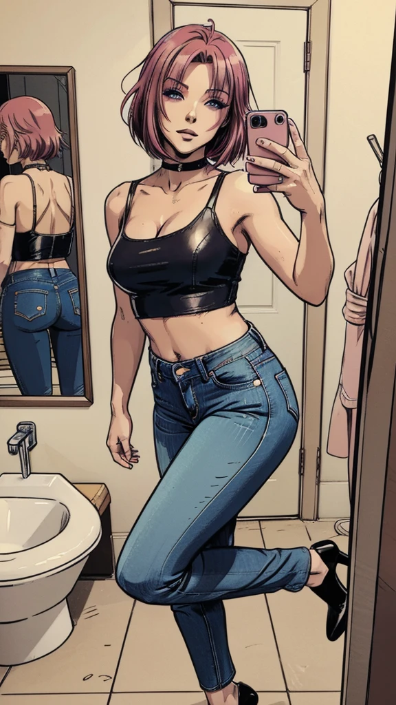 vector image, 2d cartoon,masterpiece, An anime woman, blush,colored hair, provocative makeup,tight bootcut jeans, heels, sexy pose:1.1, leather dark jacket, crop-top, taking horny selfie:1.3, in restroom,