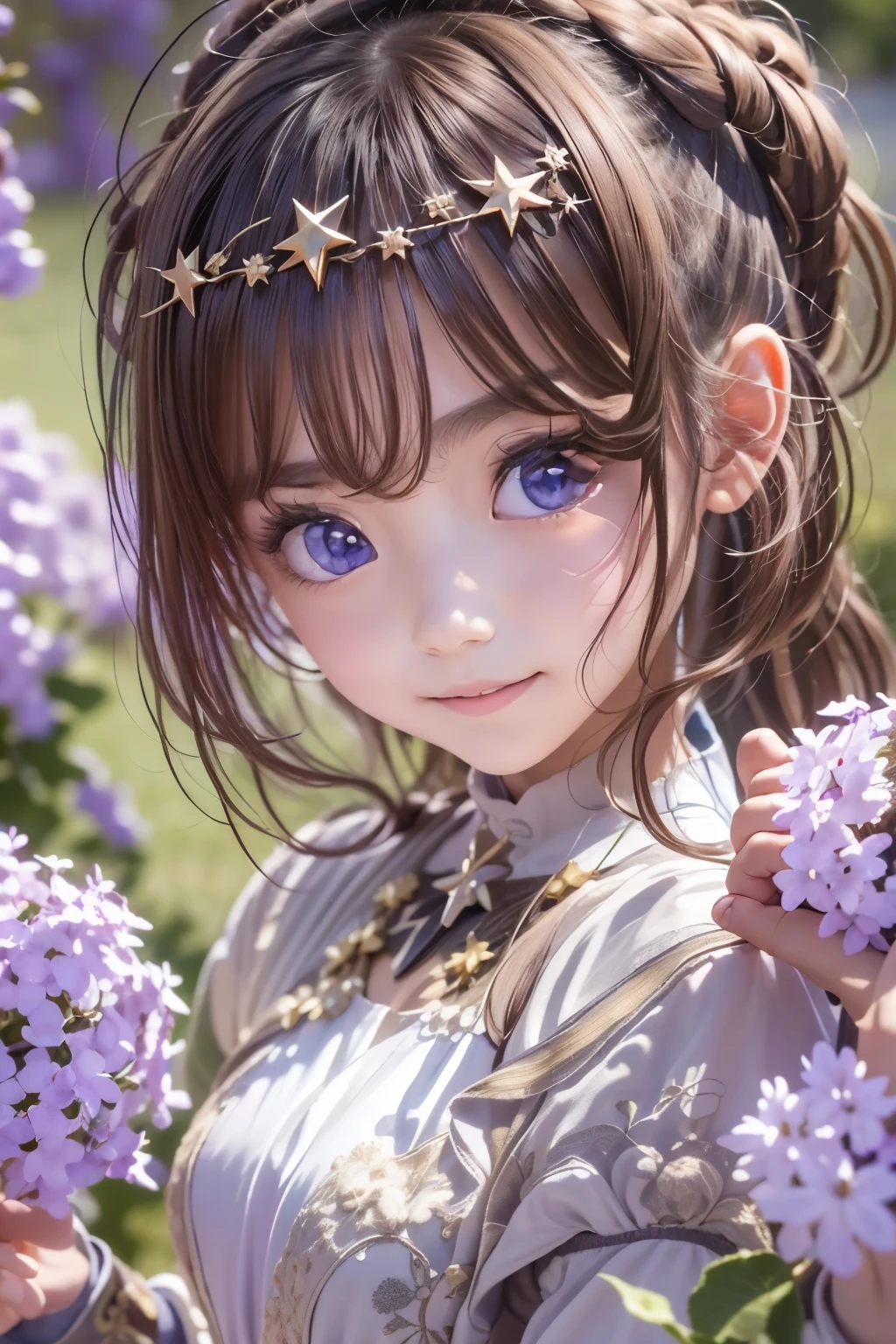 detailed face, cute face,brown eye, masterpiece, highest quality, Super detailed, figure, , , 1 girl,alone, image body, flower, looking at the viewer, , , purple eyes, eyes like jewels, very fine eyes, highly detailed face,, , star (null), Star,  purple energy,  handrail, Stream star